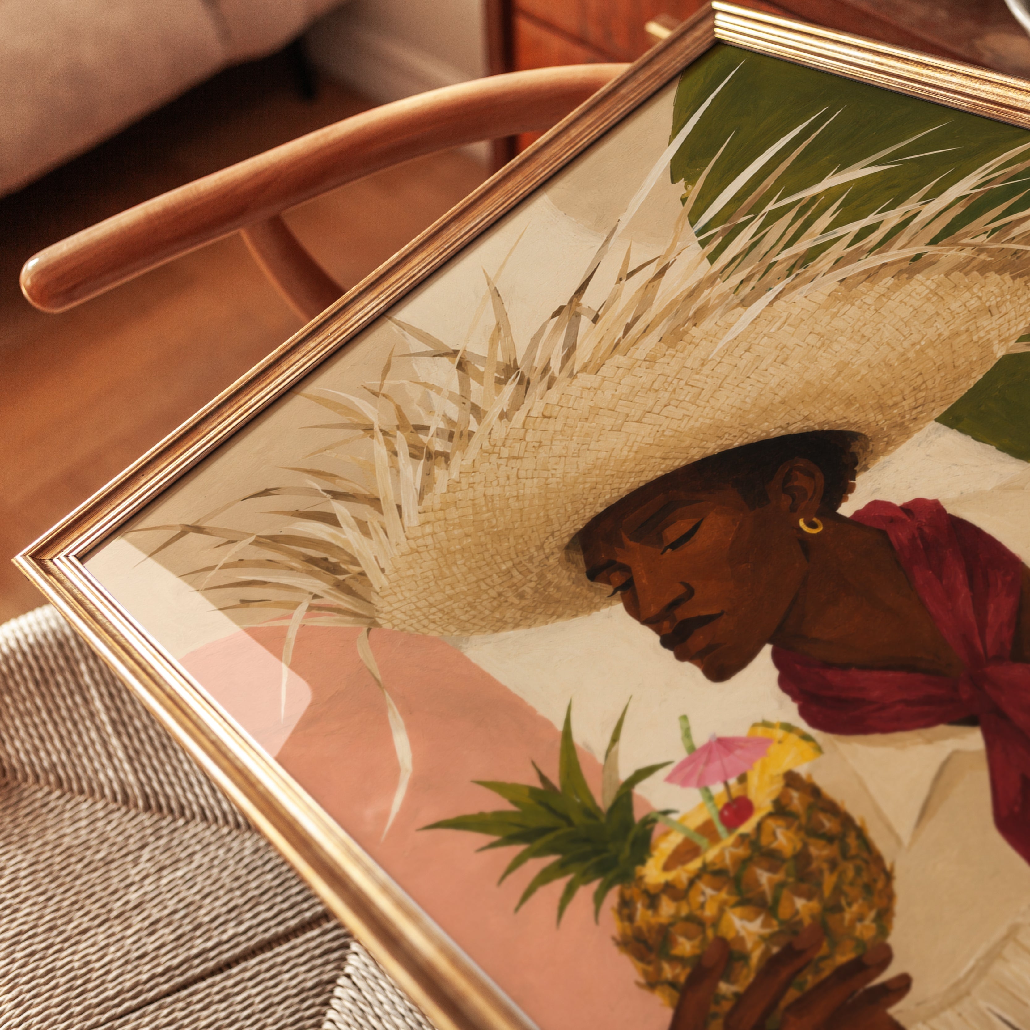 Tropical Paradise Portrait: Woman with Pineapple Cocktail Art Print - detail