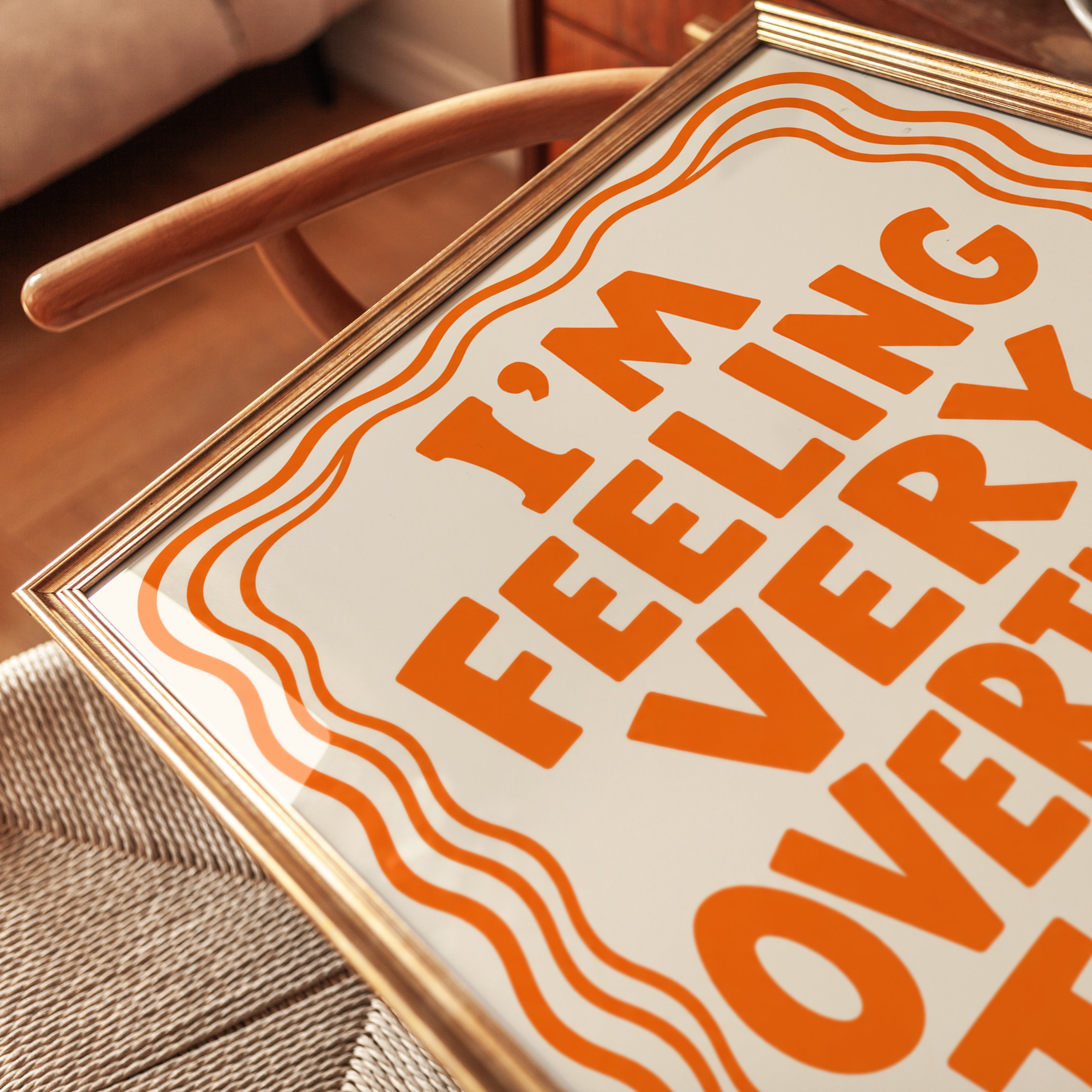 Overthinker Typography Print: Retro Orange Motivational Wall Art - detail