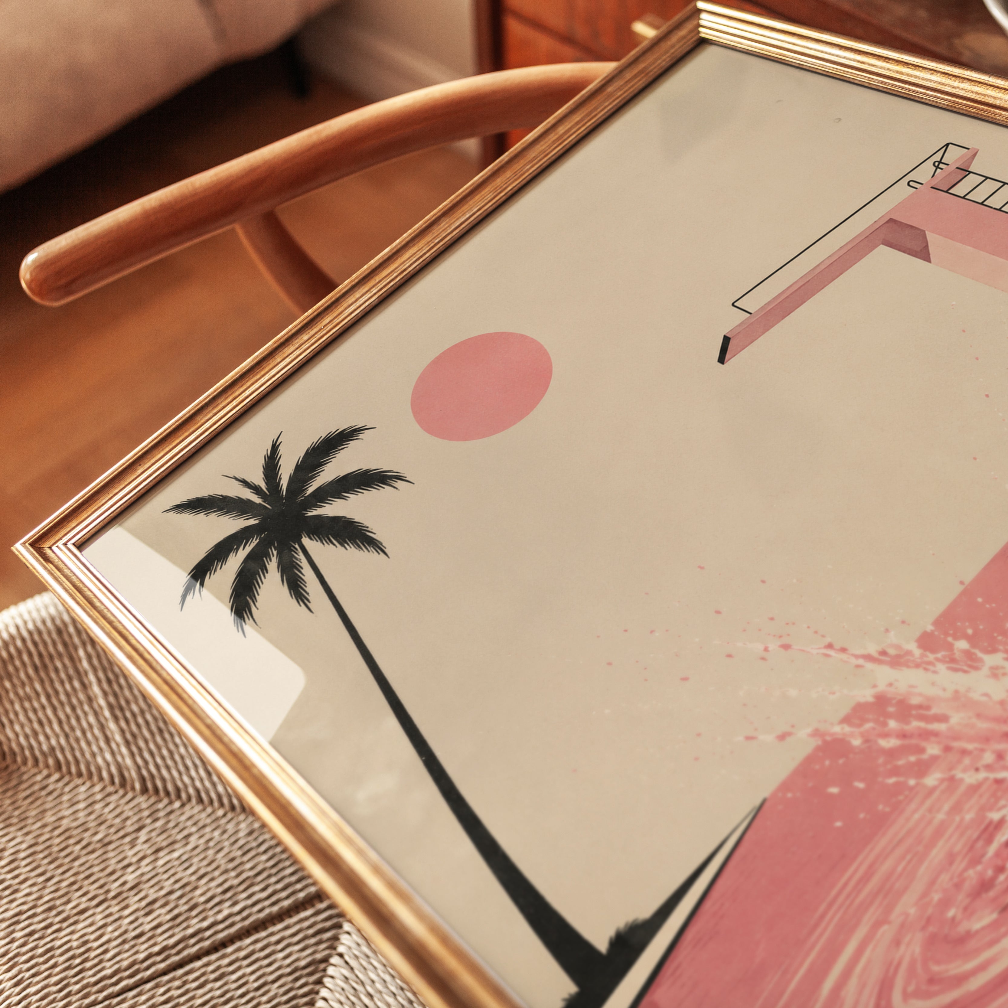 Minimalist Pool Poster – Pink Palm Tree Print - detail
