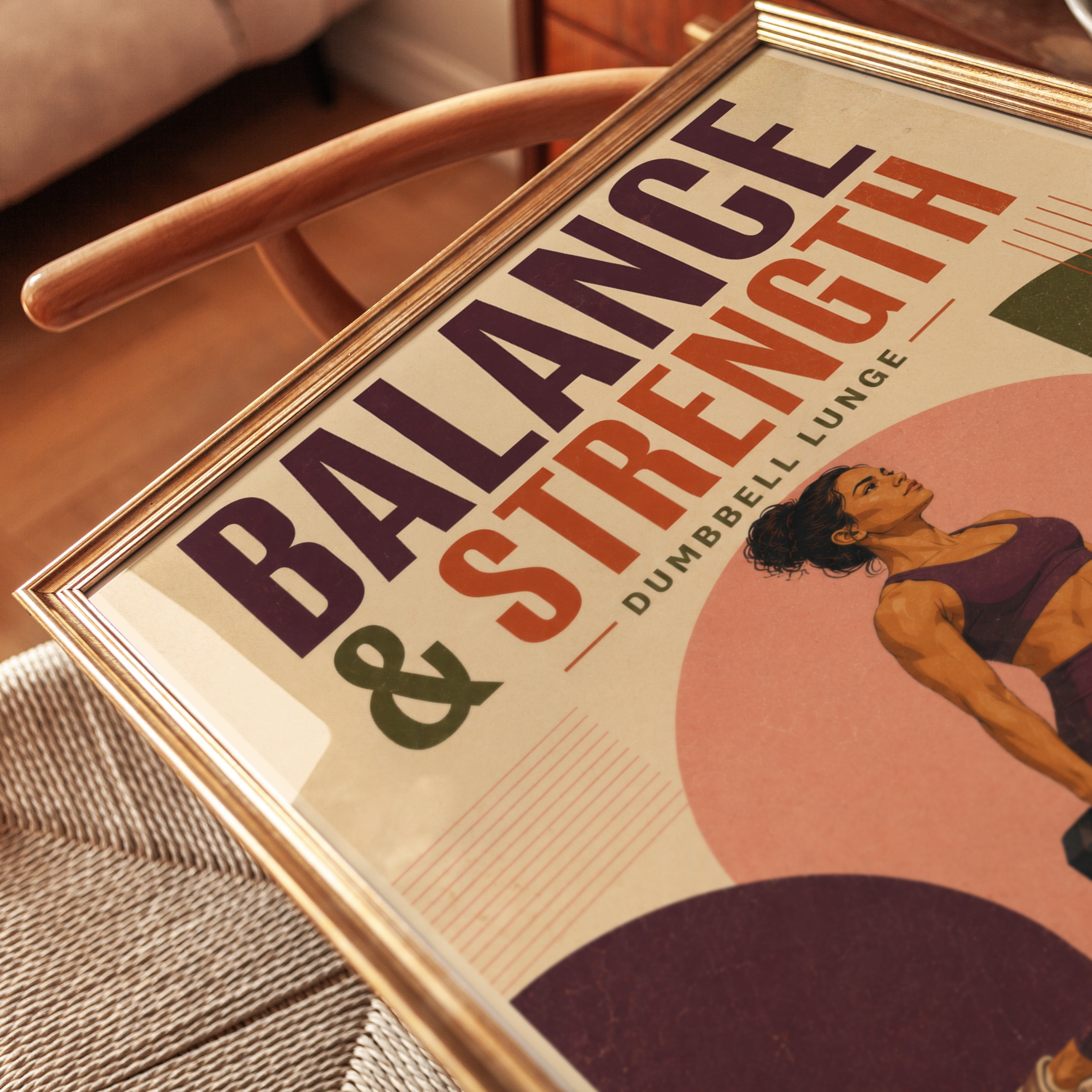 Balance And Strength Fitness Poster: Retro Dumbbell Lunge Art - detail