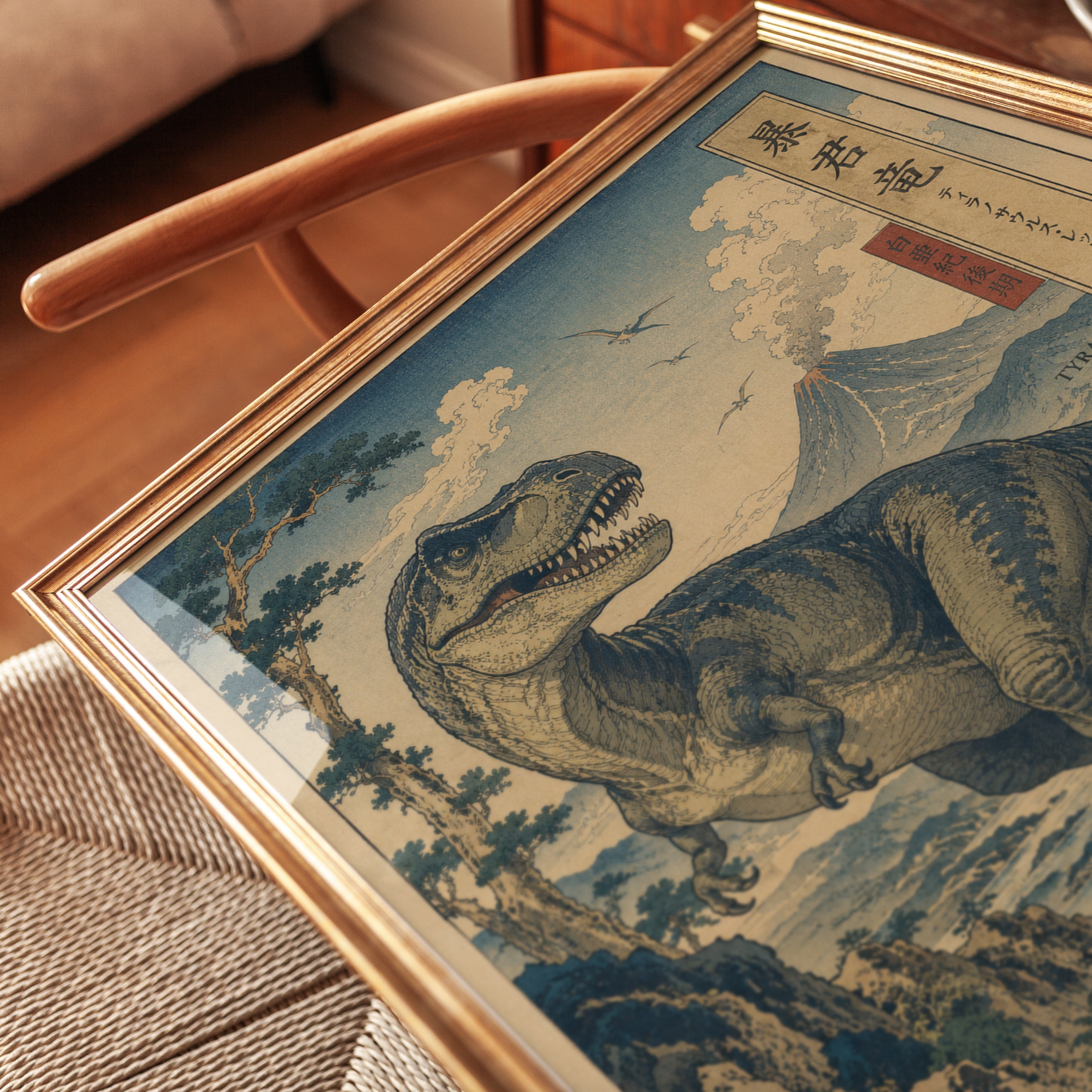T-Rex Ukiyo-e Wall Art – Japanese Dinosaur Print - detail