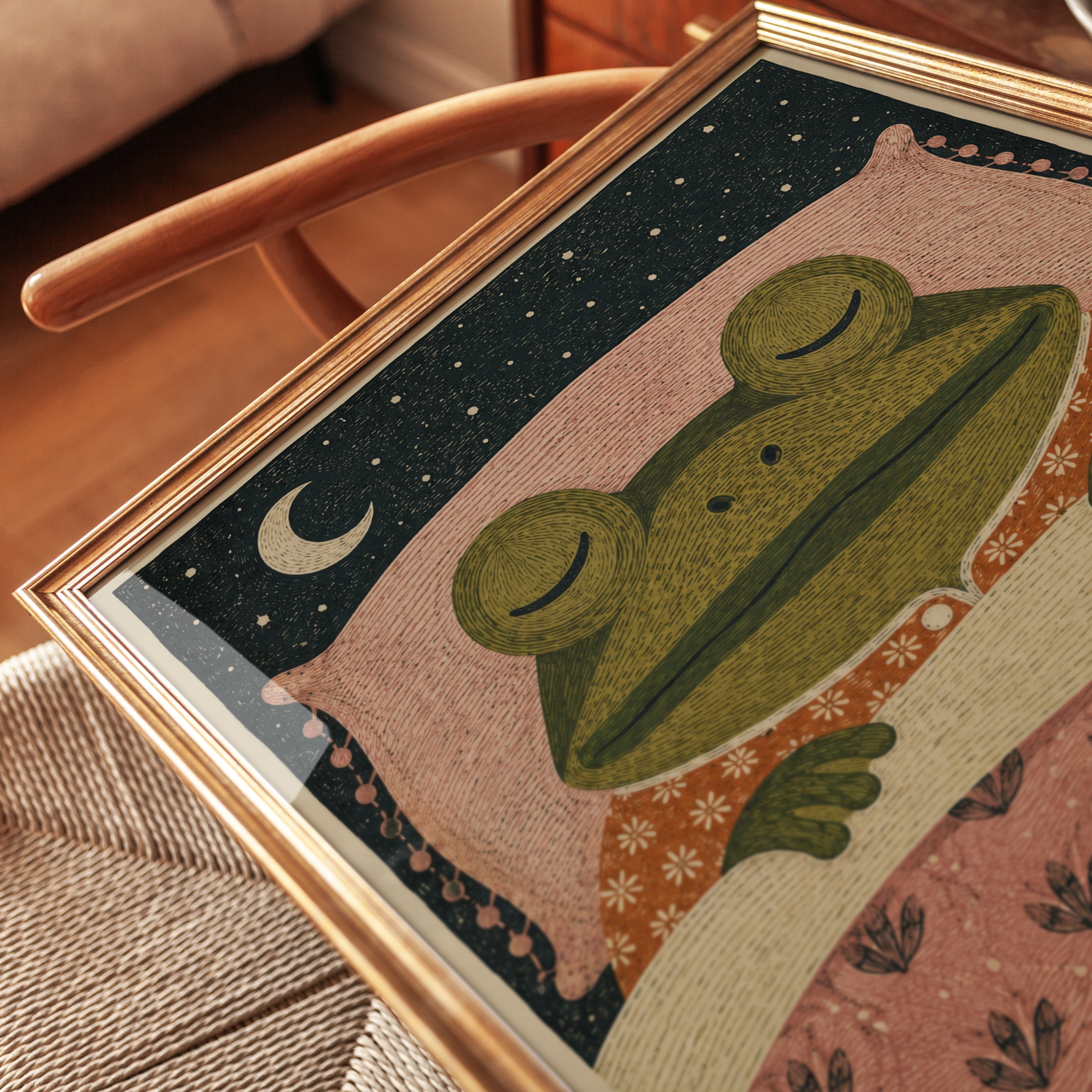 Frog Bedroom Wall Art – Folk Art Animal Print - detail