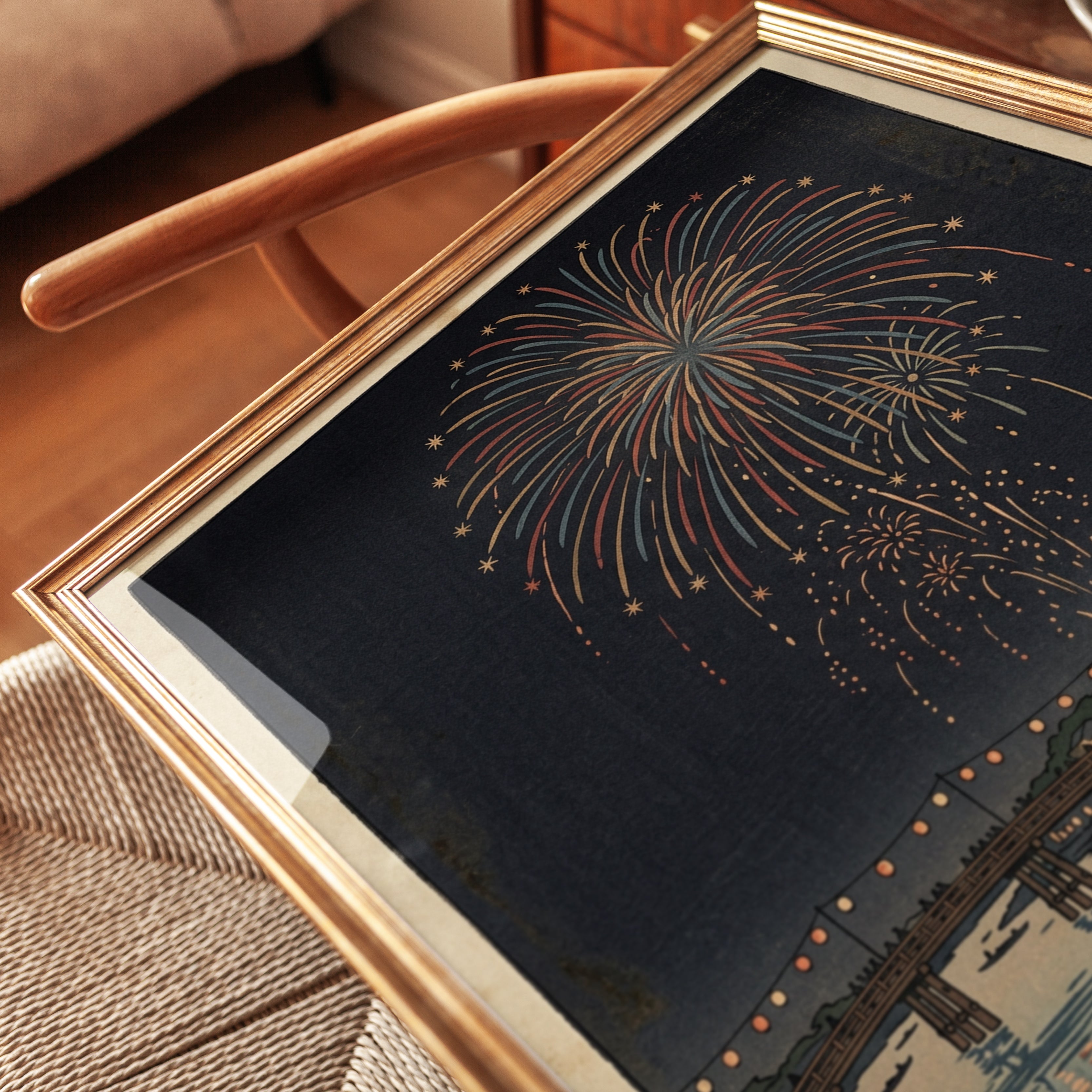 Japanese Fireworks Over River Print: Edo Period Woodblock Art - detail