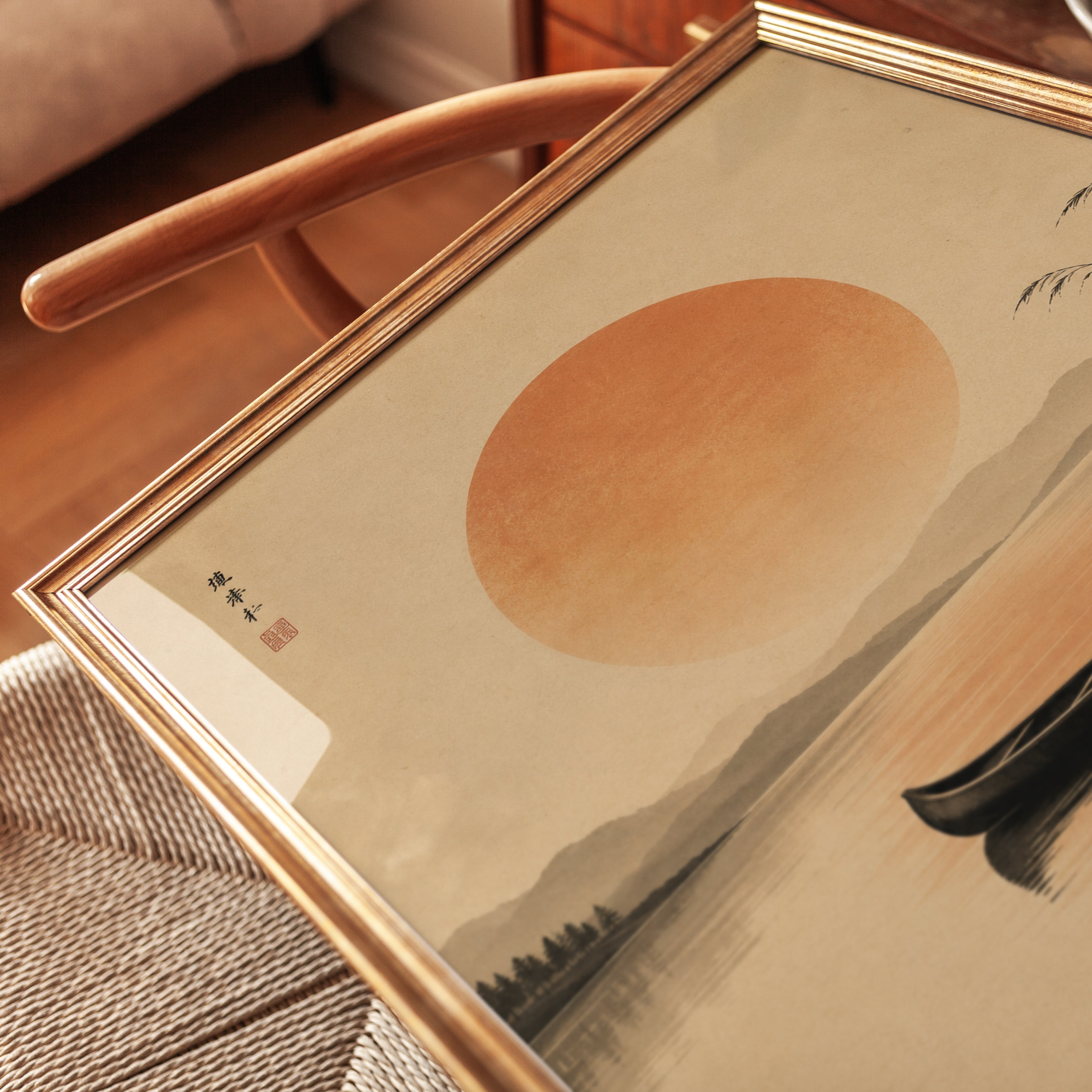 Japanese Canoe Sunset Print: Minimalist Lake Landscape Art - detail