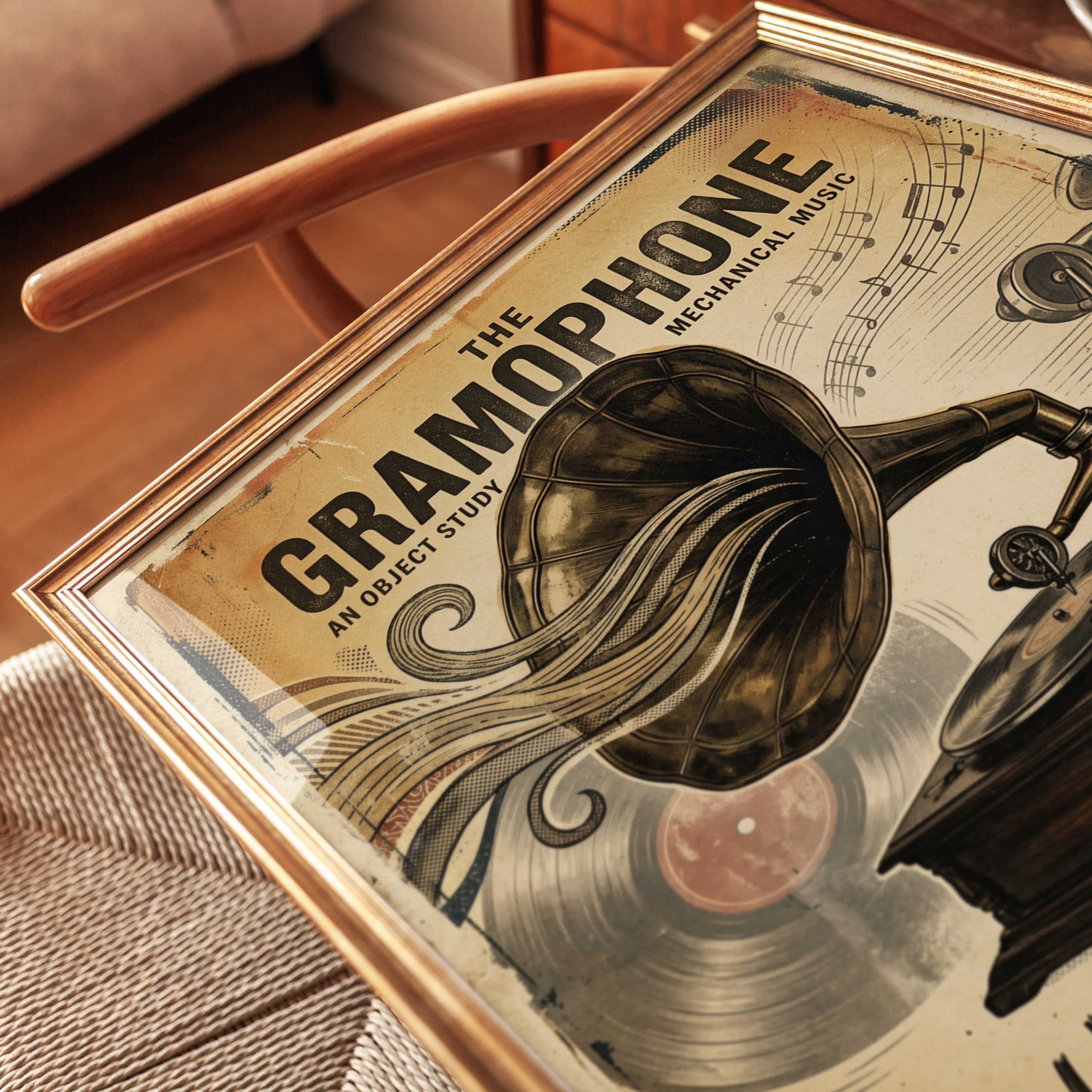 Vintage Gramophone Poster: Retro Music Mechanical Art Print - detail