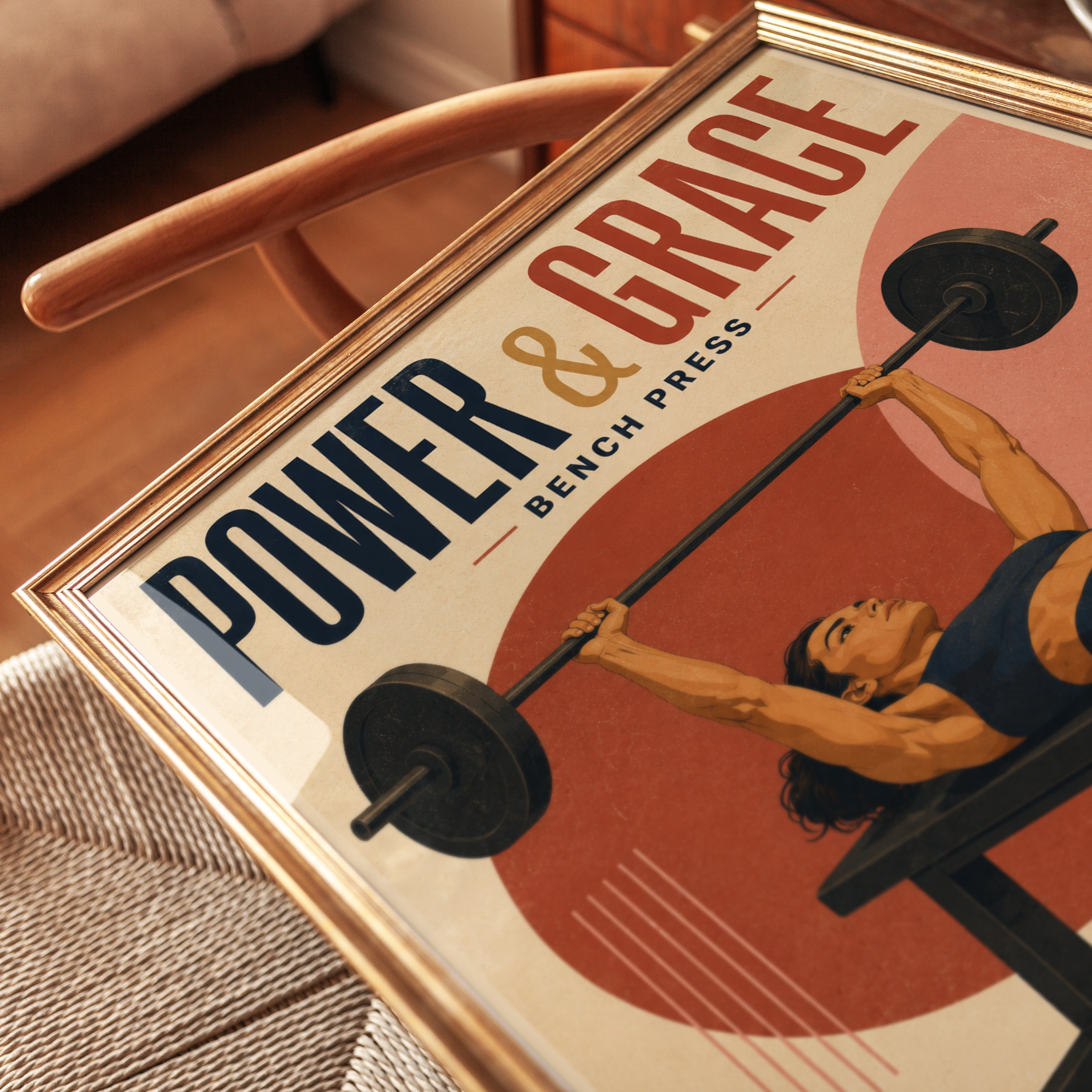 Power and Grace Bench Press Poster: Retro Fitness Art Print - detail