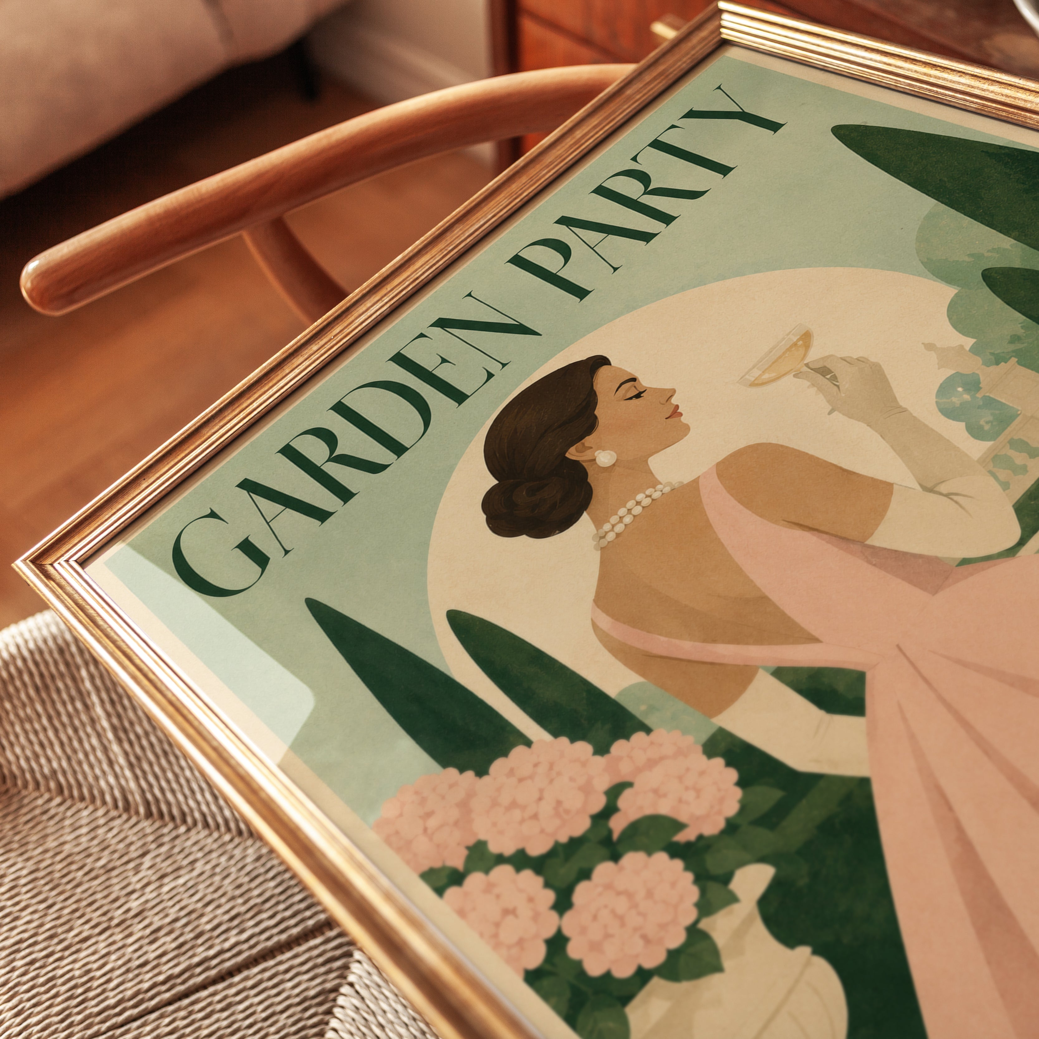 Garden Party Vintage Poster — Elegant Mid-Century Woman in Pink Gown - detail