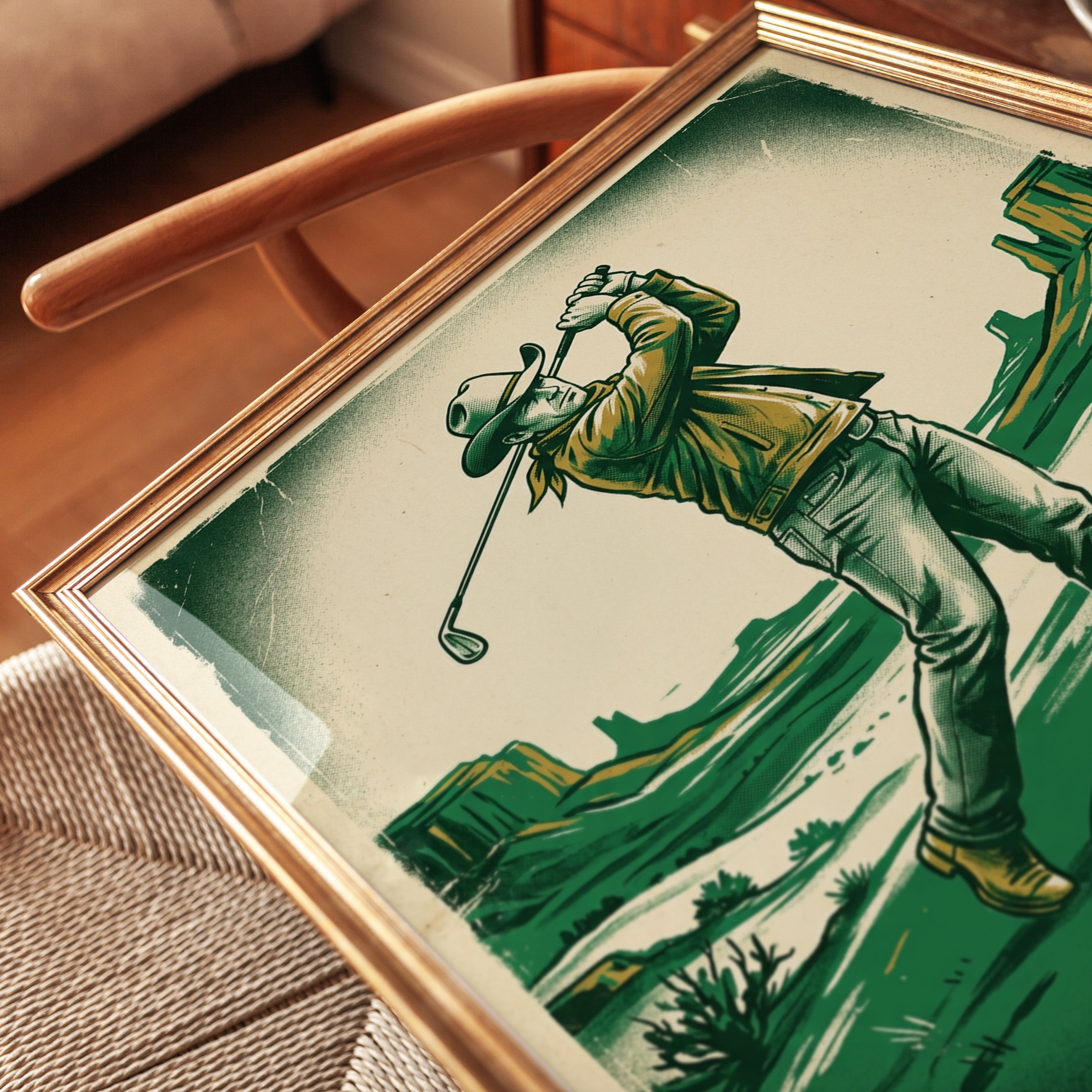 Vintage Cowboy Golfer Print: Retro Western Green Sports Poster - detail