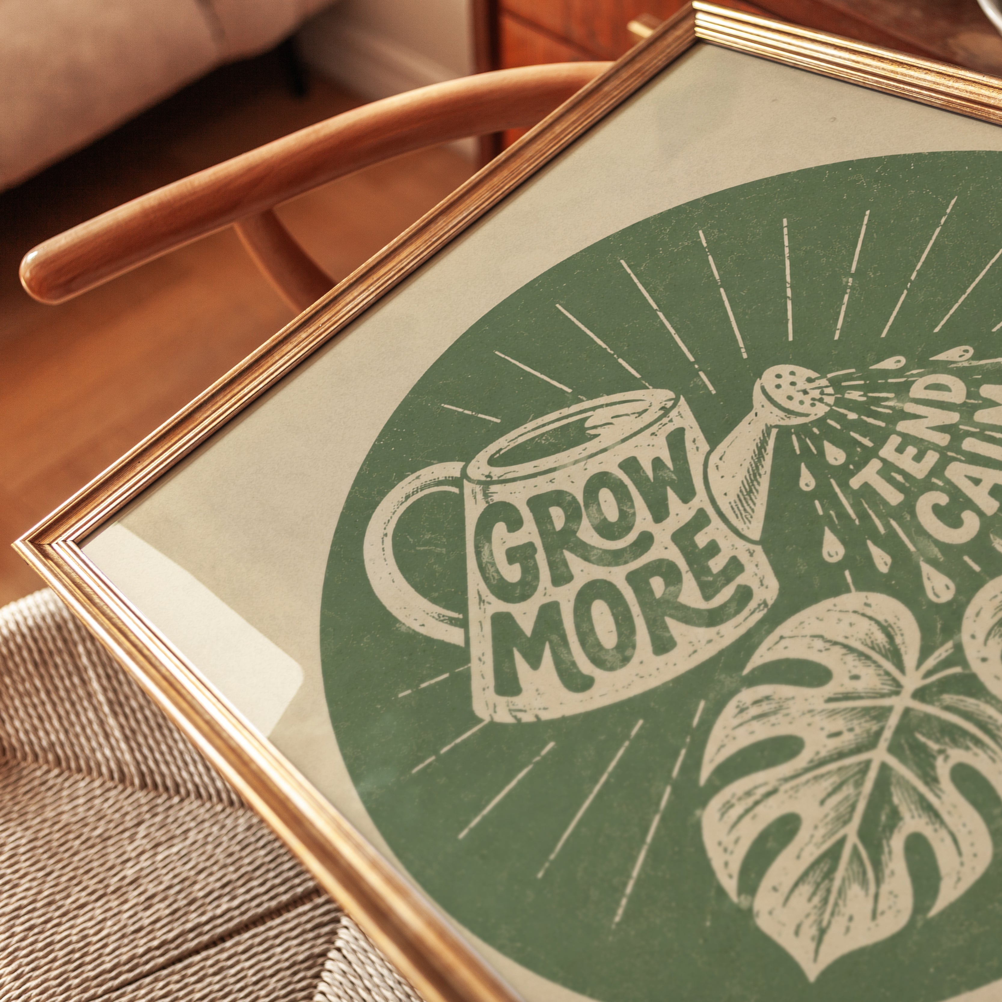 Grow More Tend Calmly Plant Print: Vintage Botanical Linocut Art - detail
