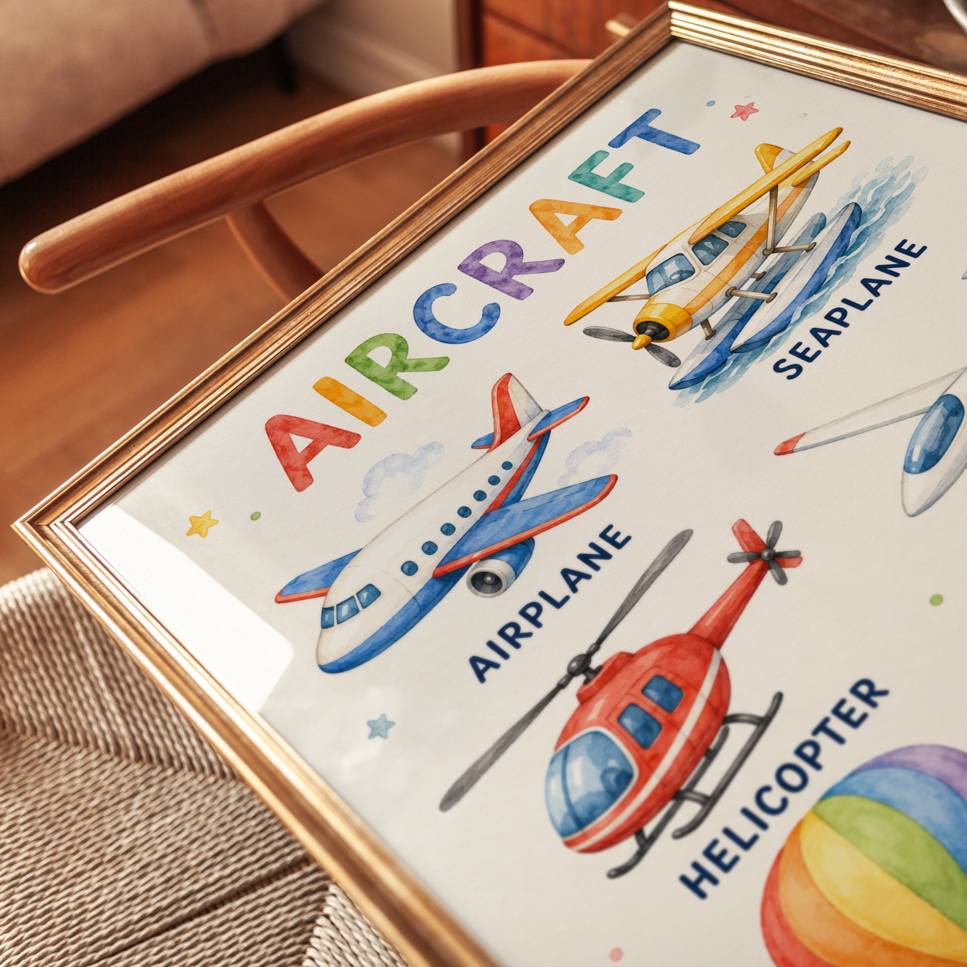Watercolor Aircraft Print: Educational Airplane Art for Kids’ Rooms - detail