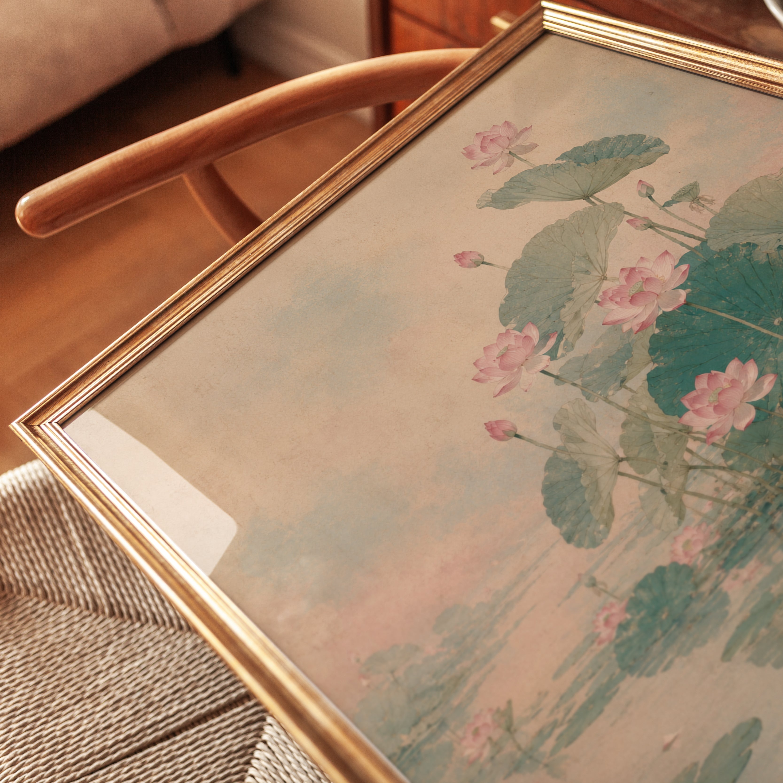 Lotus Pond Wall Art: Soft Pink Blooms and Green Leaves - detail
