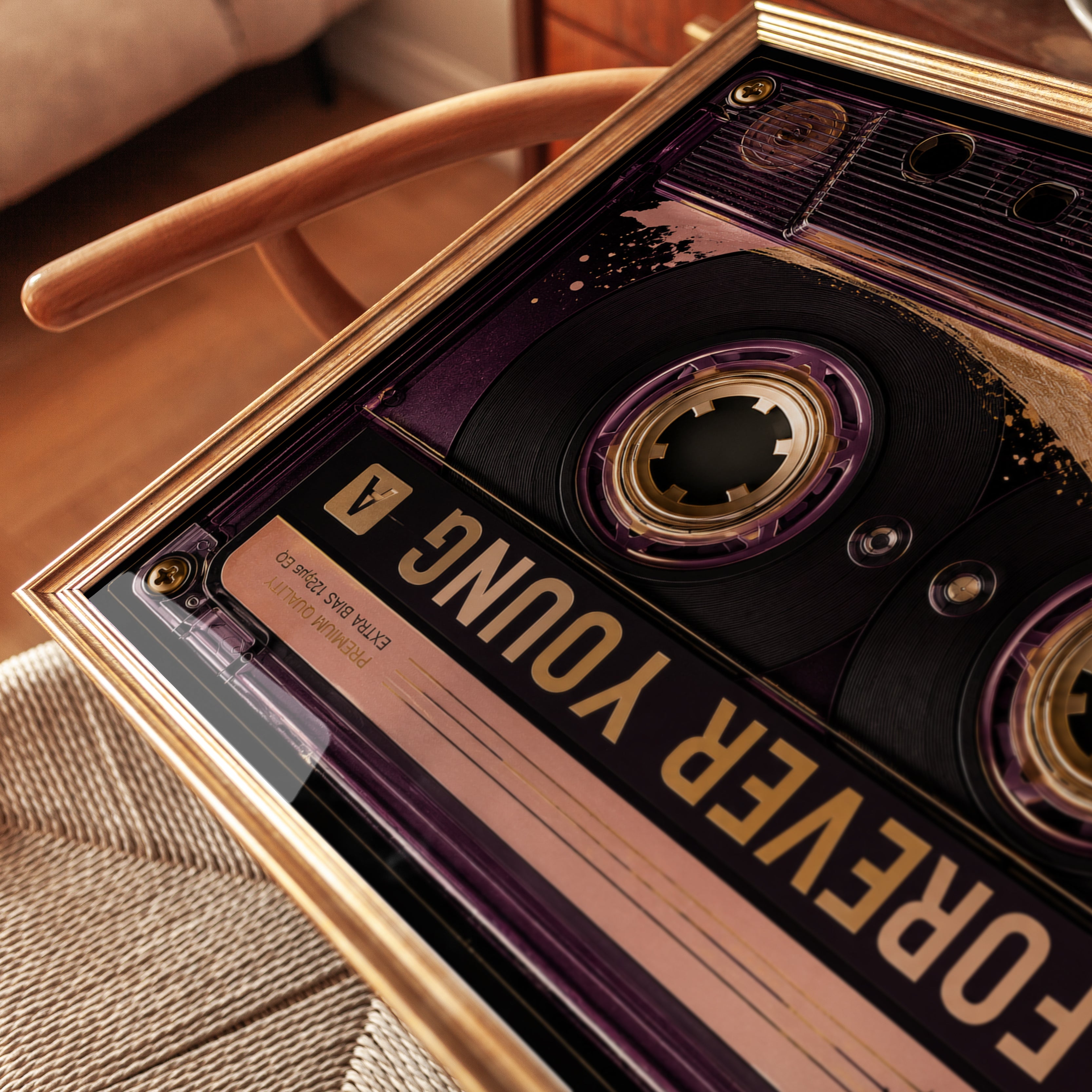 Forever Young Cassette Tape Art Print: Purple Gold Retro Music - detail