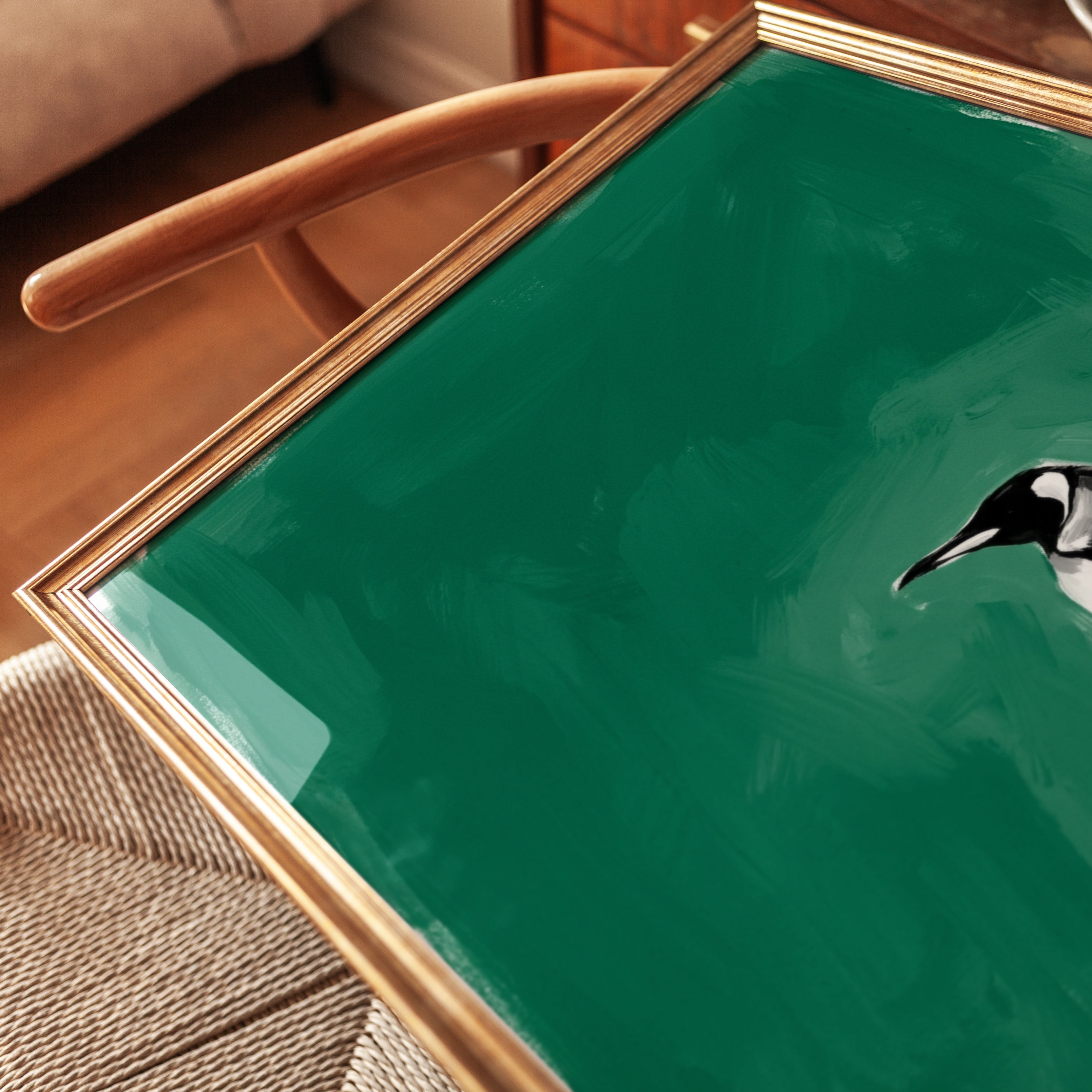 Penguin Art Print: Minimalist Black and White on Teal Green - detail