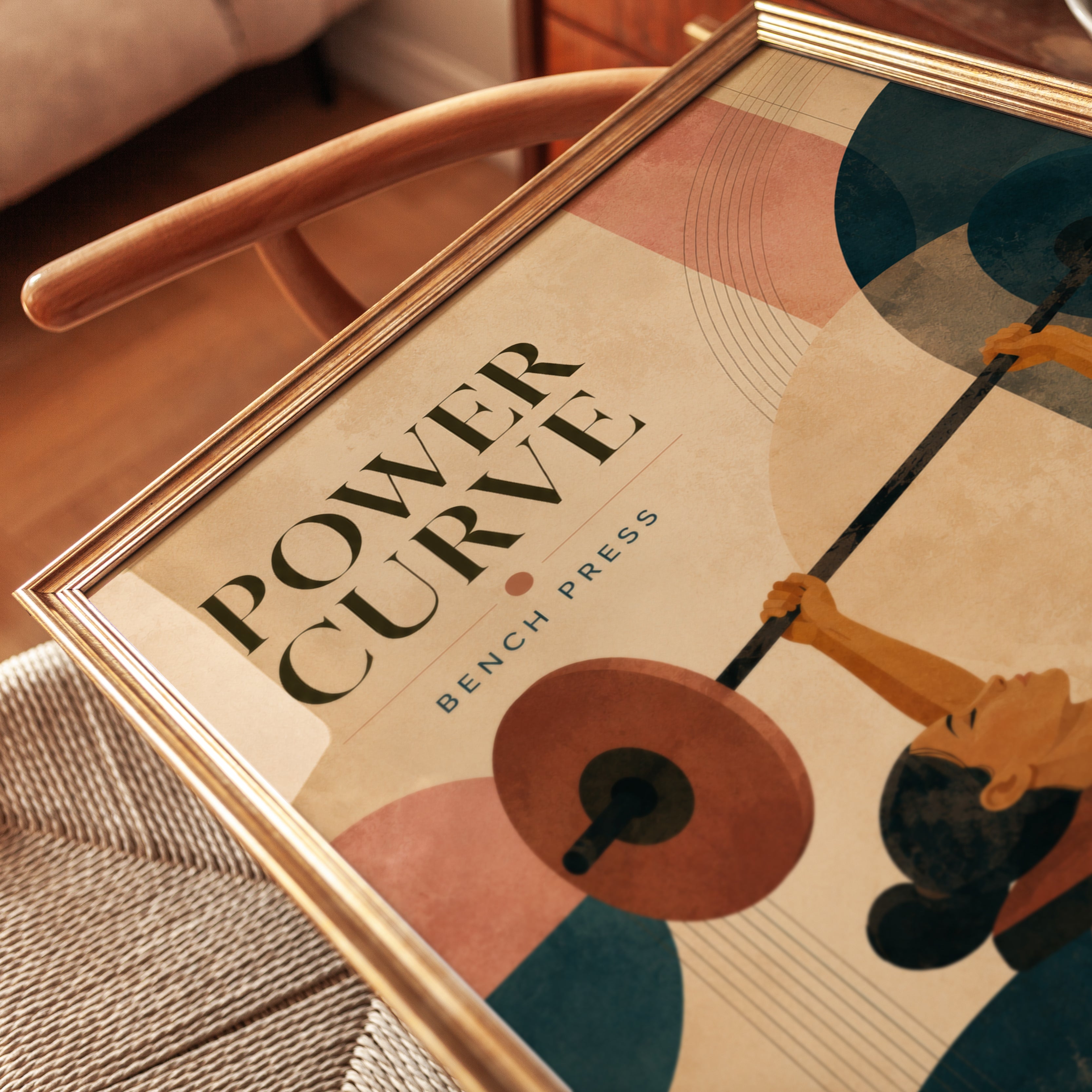 Power Curve Bench Press Art Print: Art Deco Fitness Poster - detail