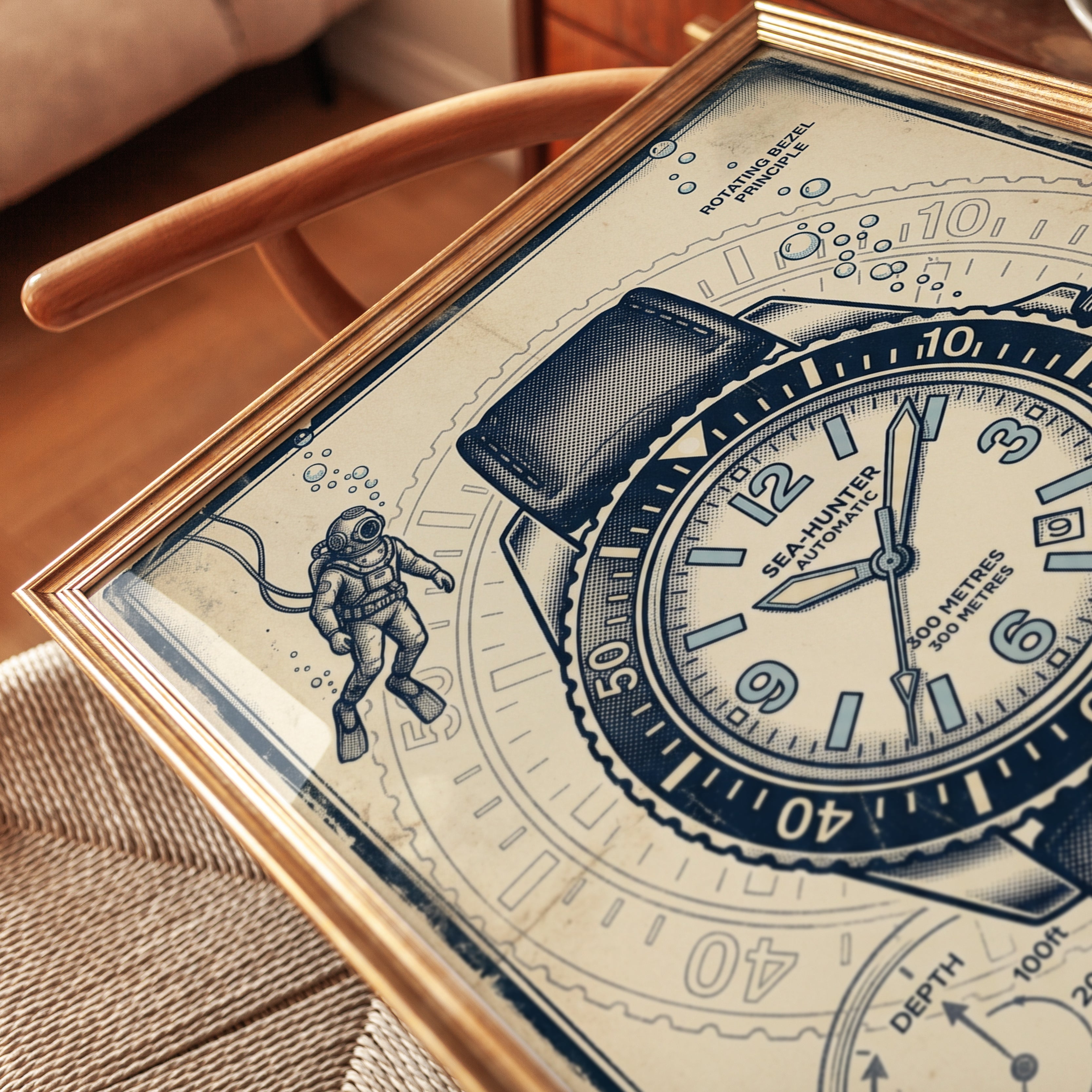 Vintage Dive Watch Technical Poster: Blueprint Illustration Art - detail