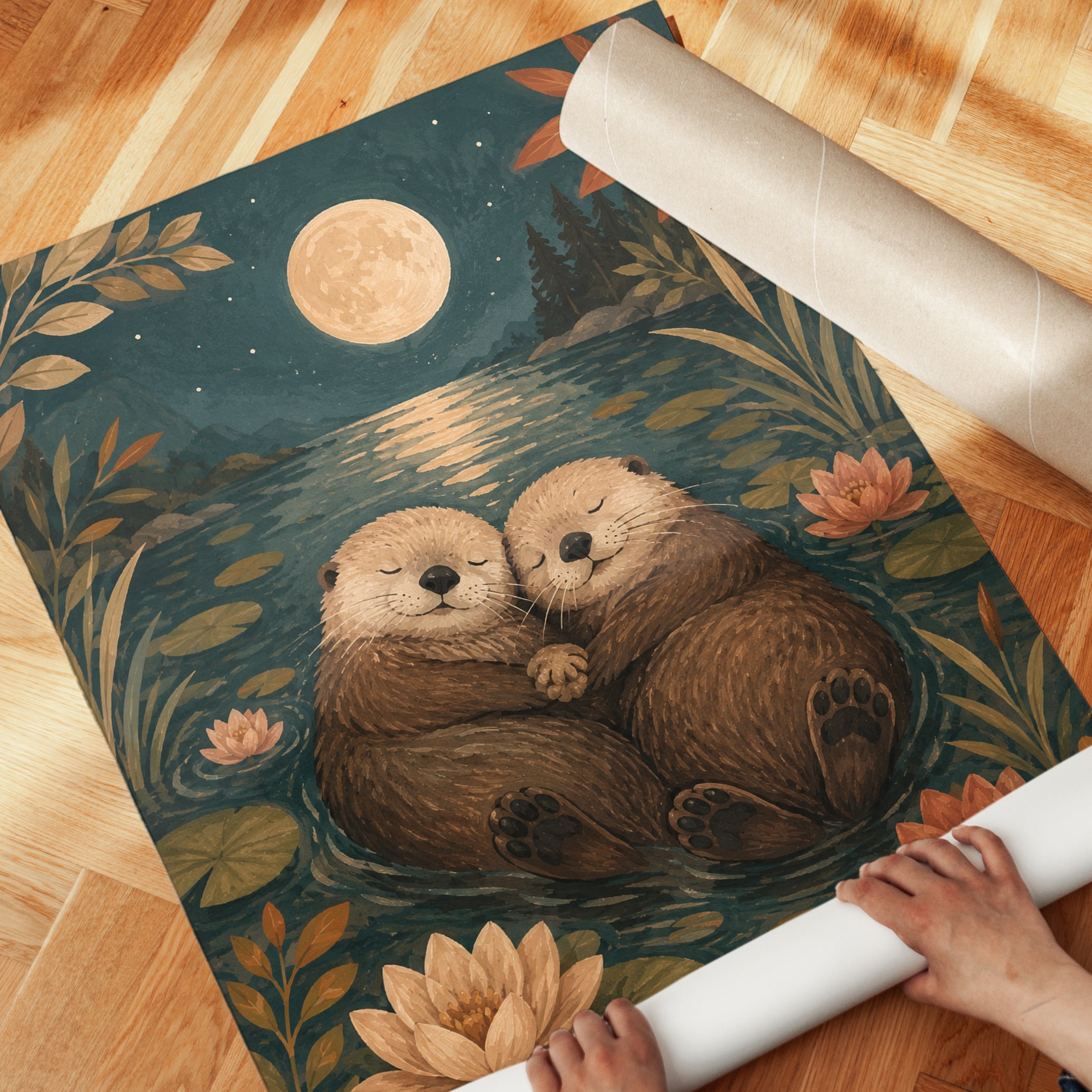 Otter Wall Art – Moonlight Lake Print - detail