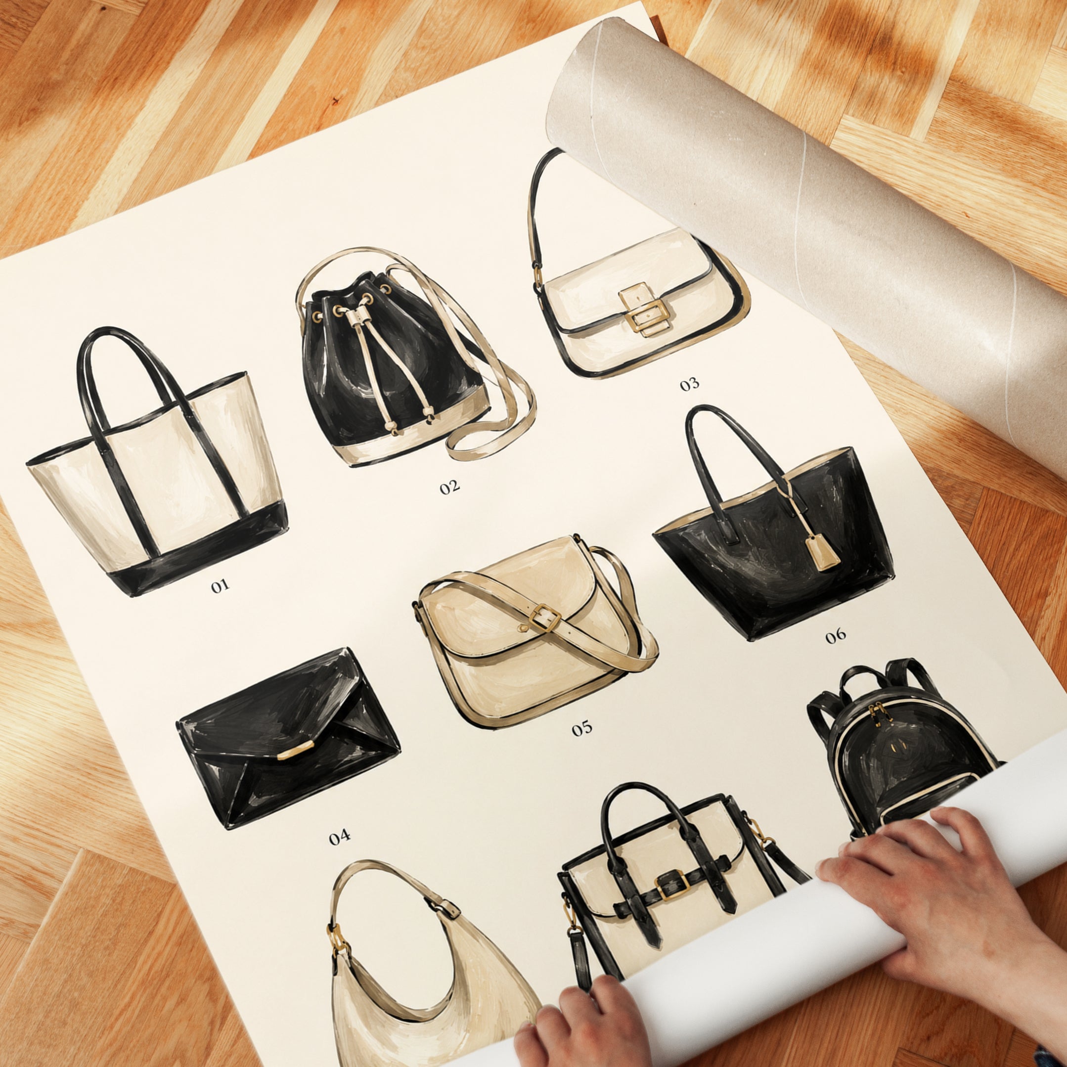 Fashion Handbag Collection Art Print: Black and Cream Accessories - detail