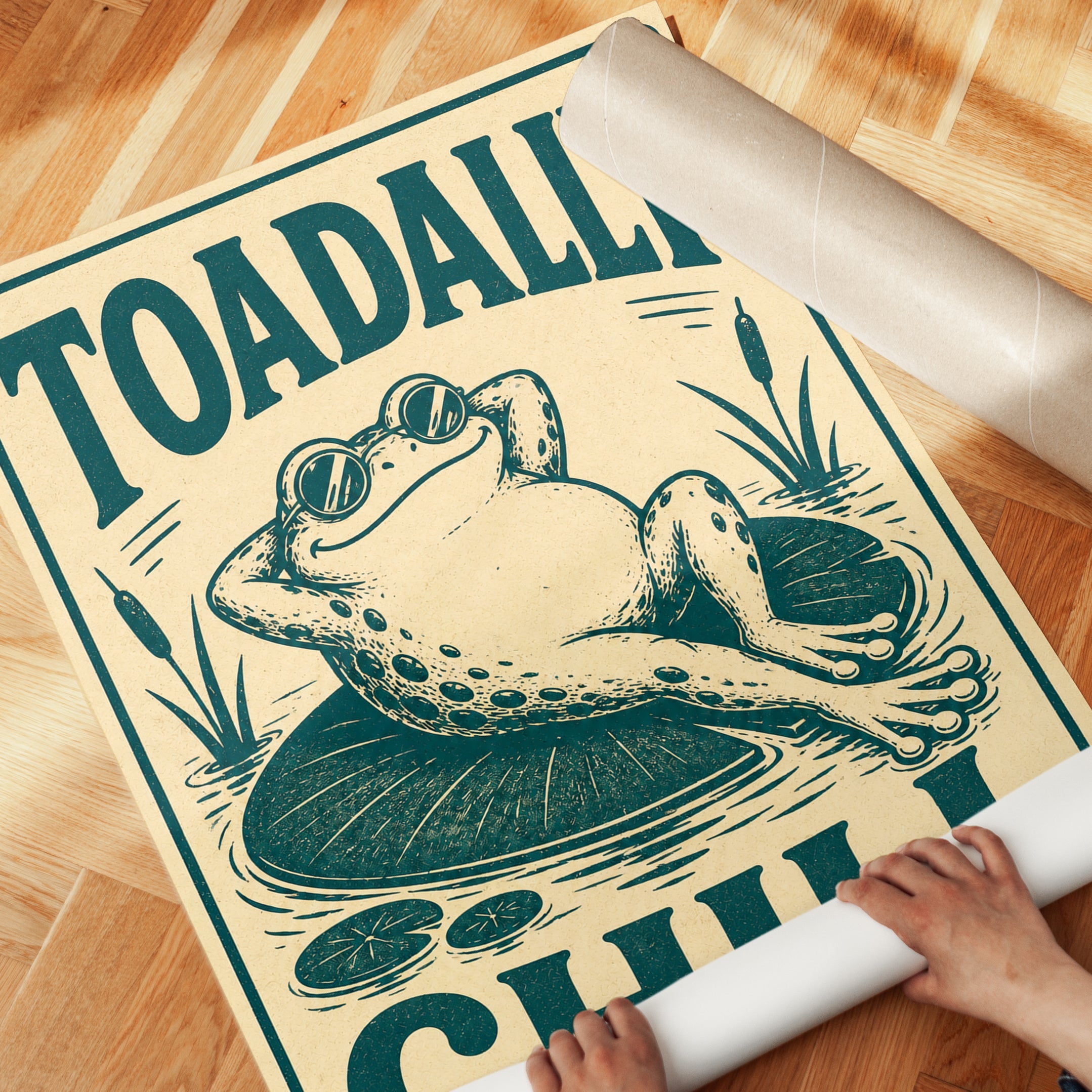 Frog Illustration Print: Vintage Retro Style (Teal and Cream) - detail