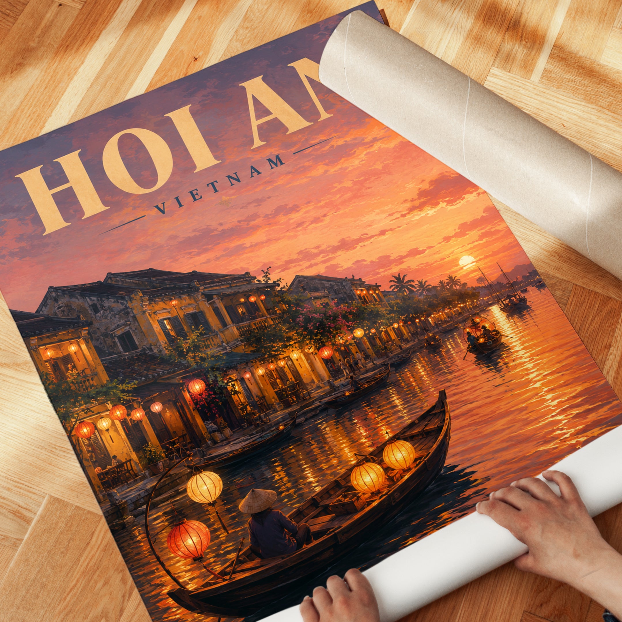 Hoi An Sunset Lanterns Print: Vietnamese River Town Wall Art - detail