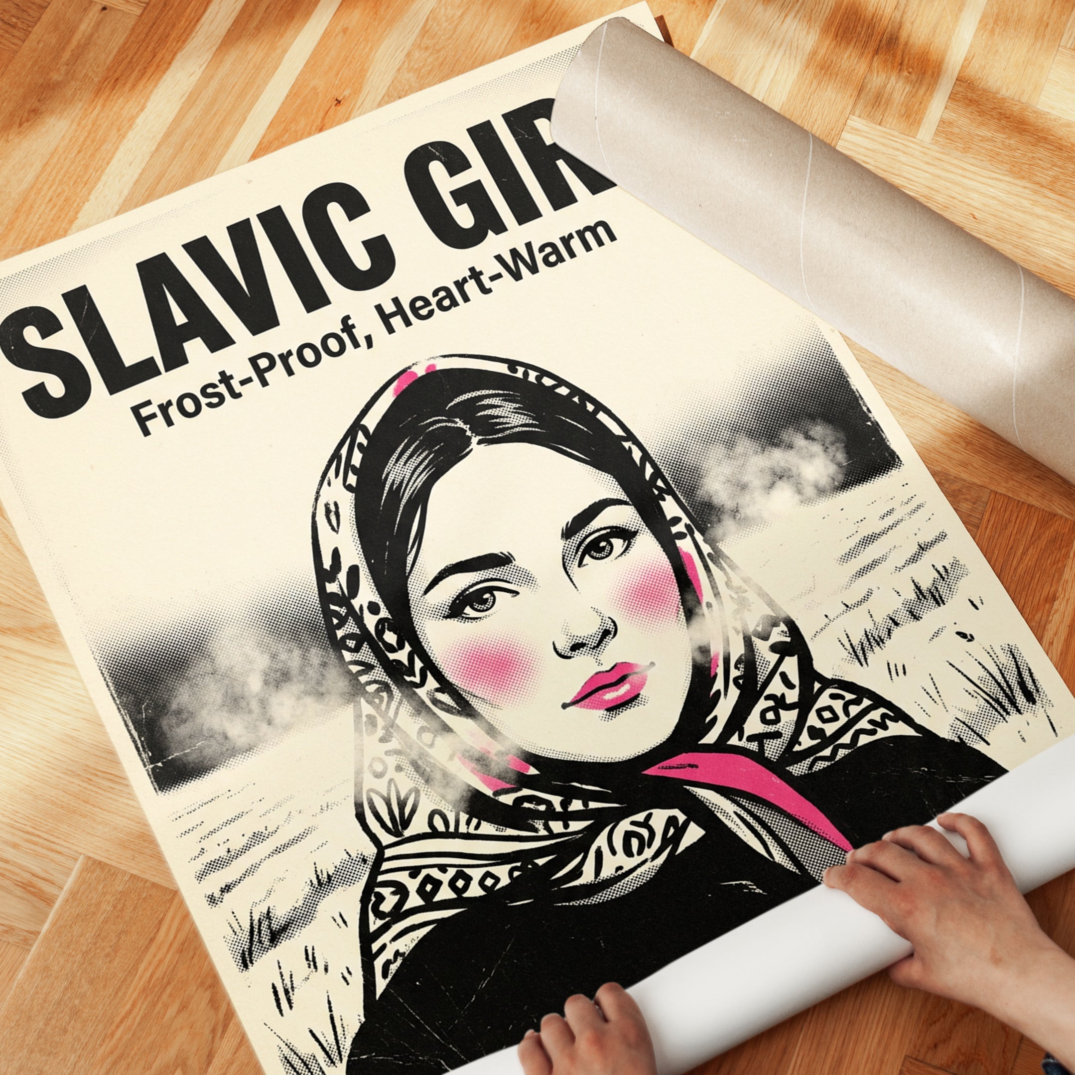Slavic Girl Vintage Poster: Soviet Propaganda Style Wall Art - detail