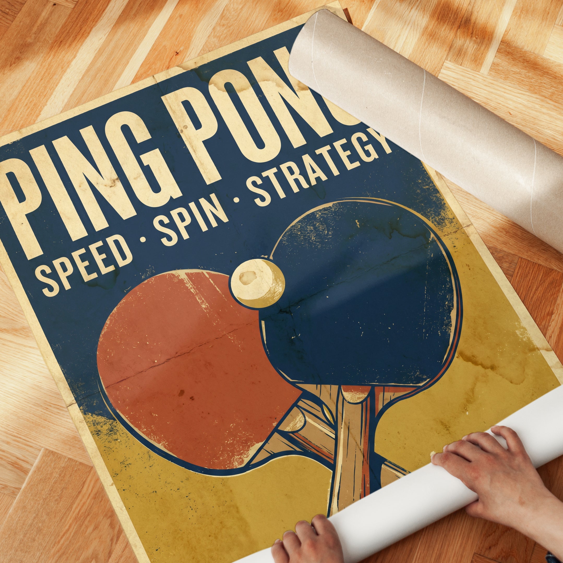 Ping Pong Poster: Vintage Sports Art in Navy and Orange - detail