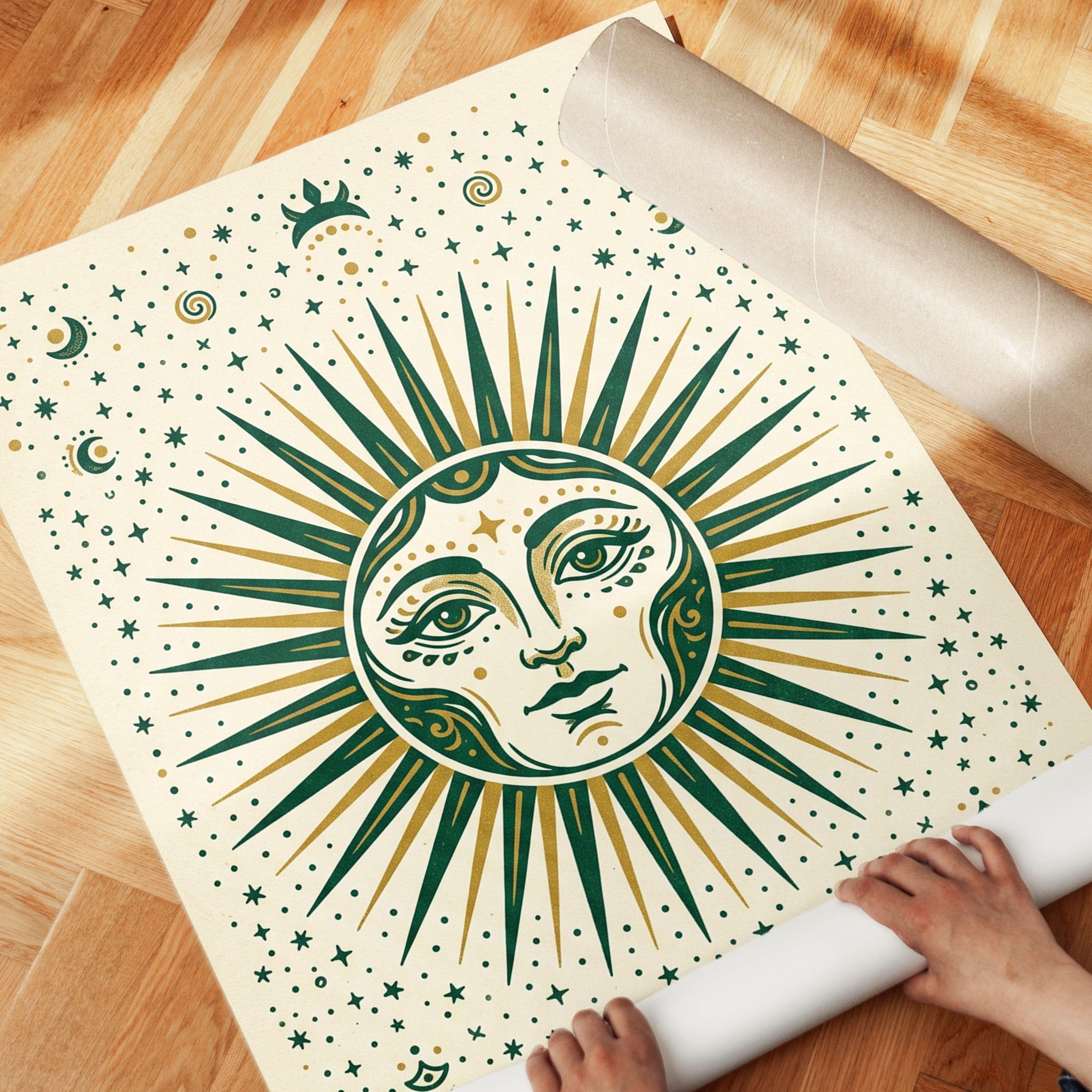 Celestial Sun Face Wall Art: Mystical Green and Gold Print - detail