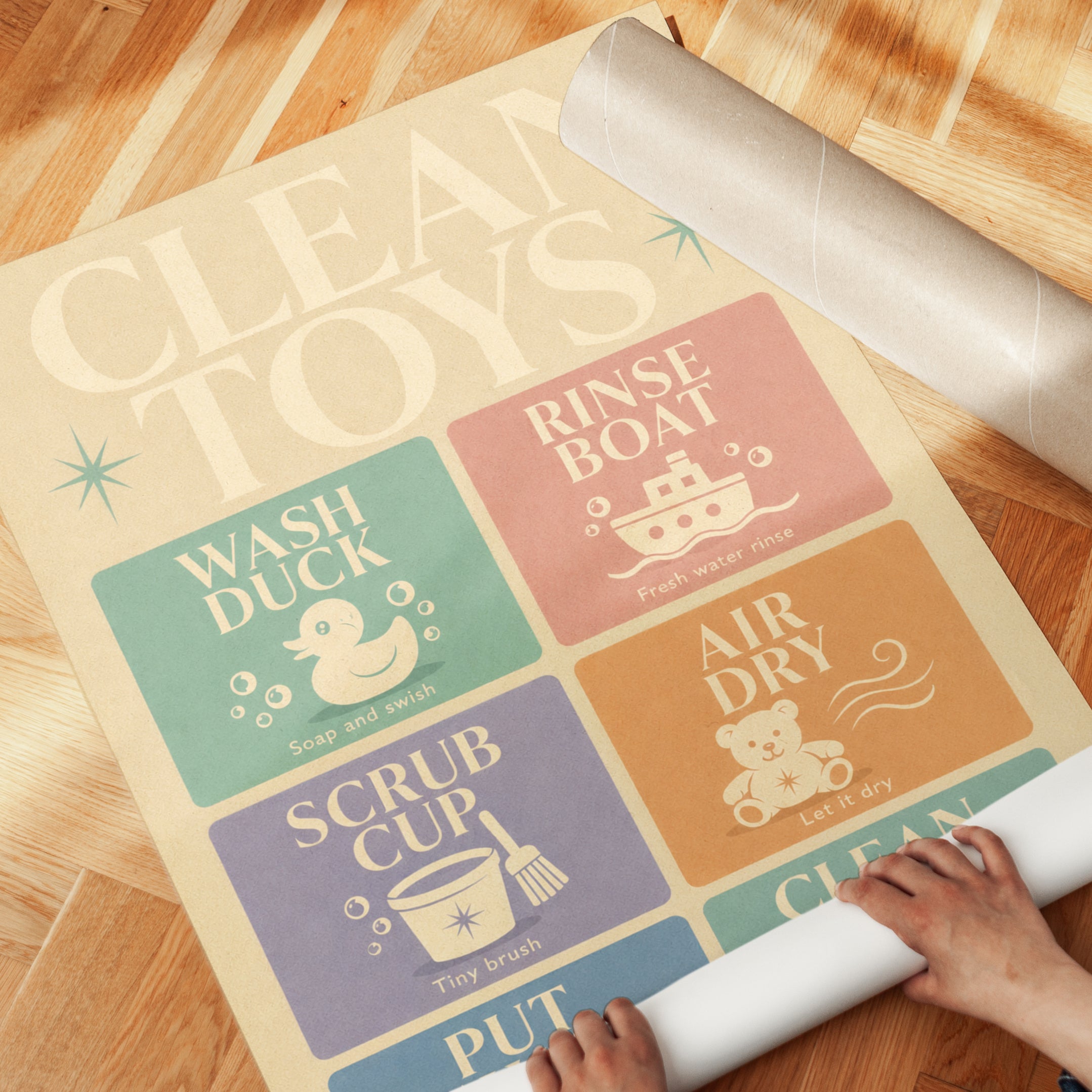 Clean Toys Retro Bathroom Print: Mid-Century Modern Nursery Art - detail