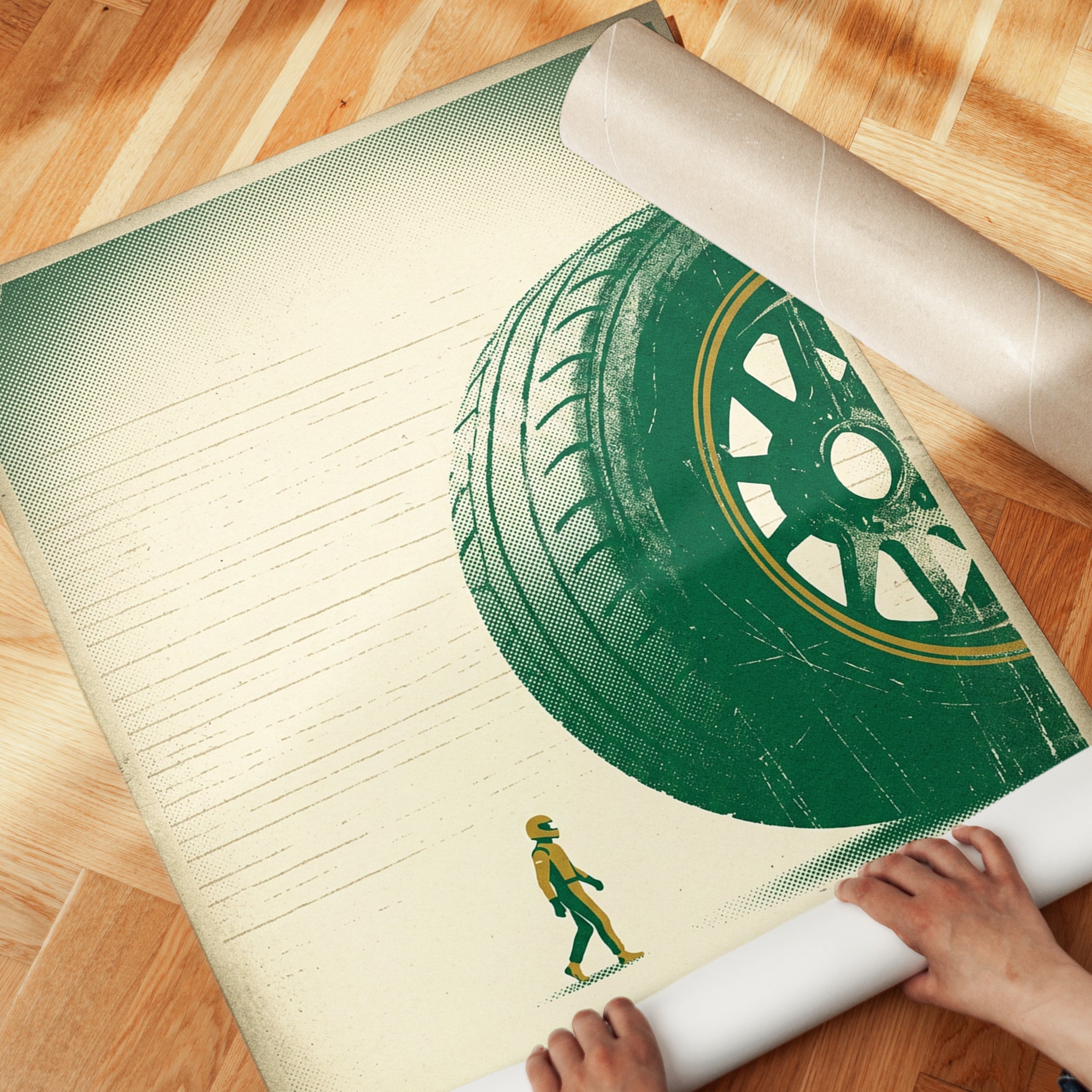The Last Lap: Vintage Racing Poster Art Print Green and Gold - detail
