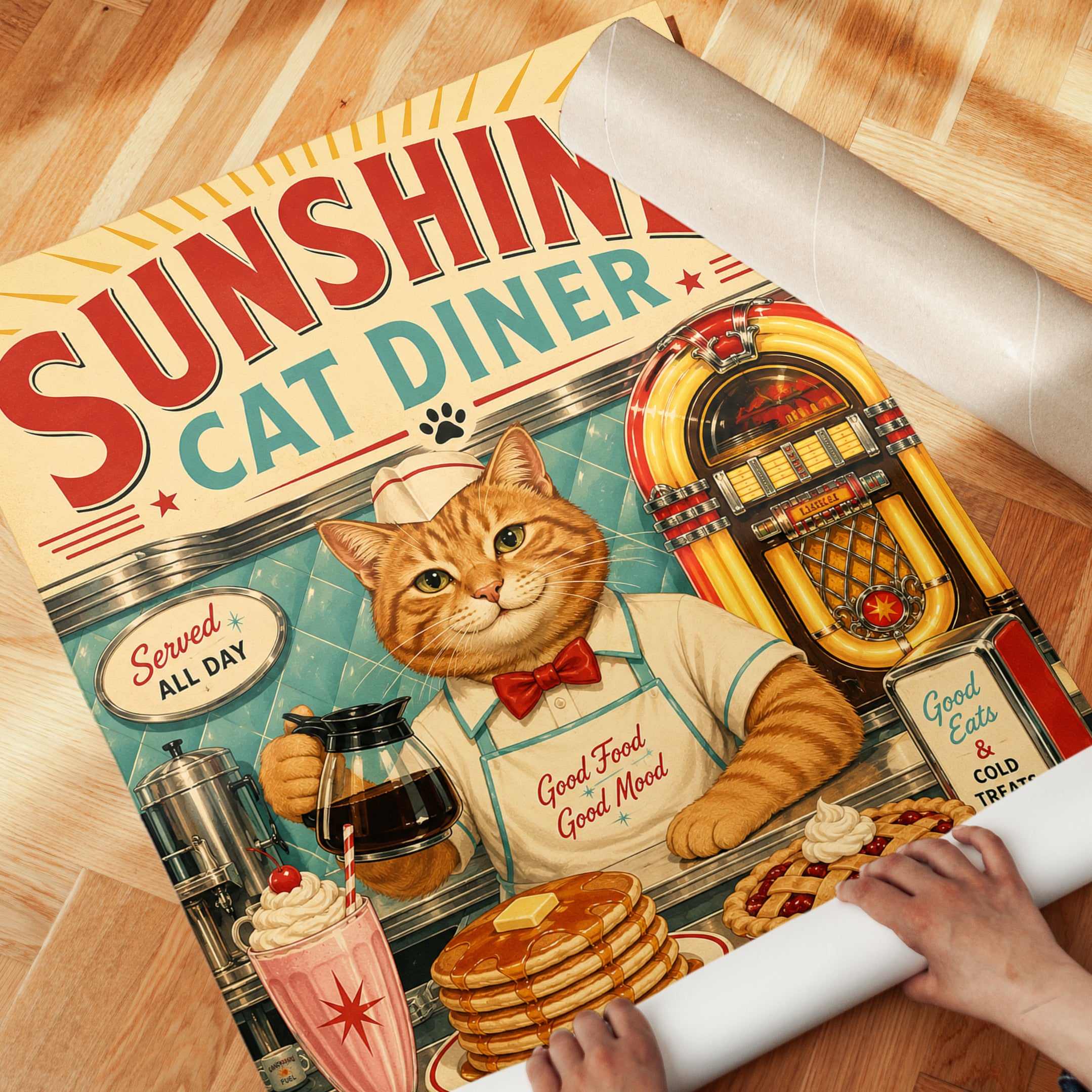 Retro Cat Diner Poster – Vintage Kitchen Wall Art - detail