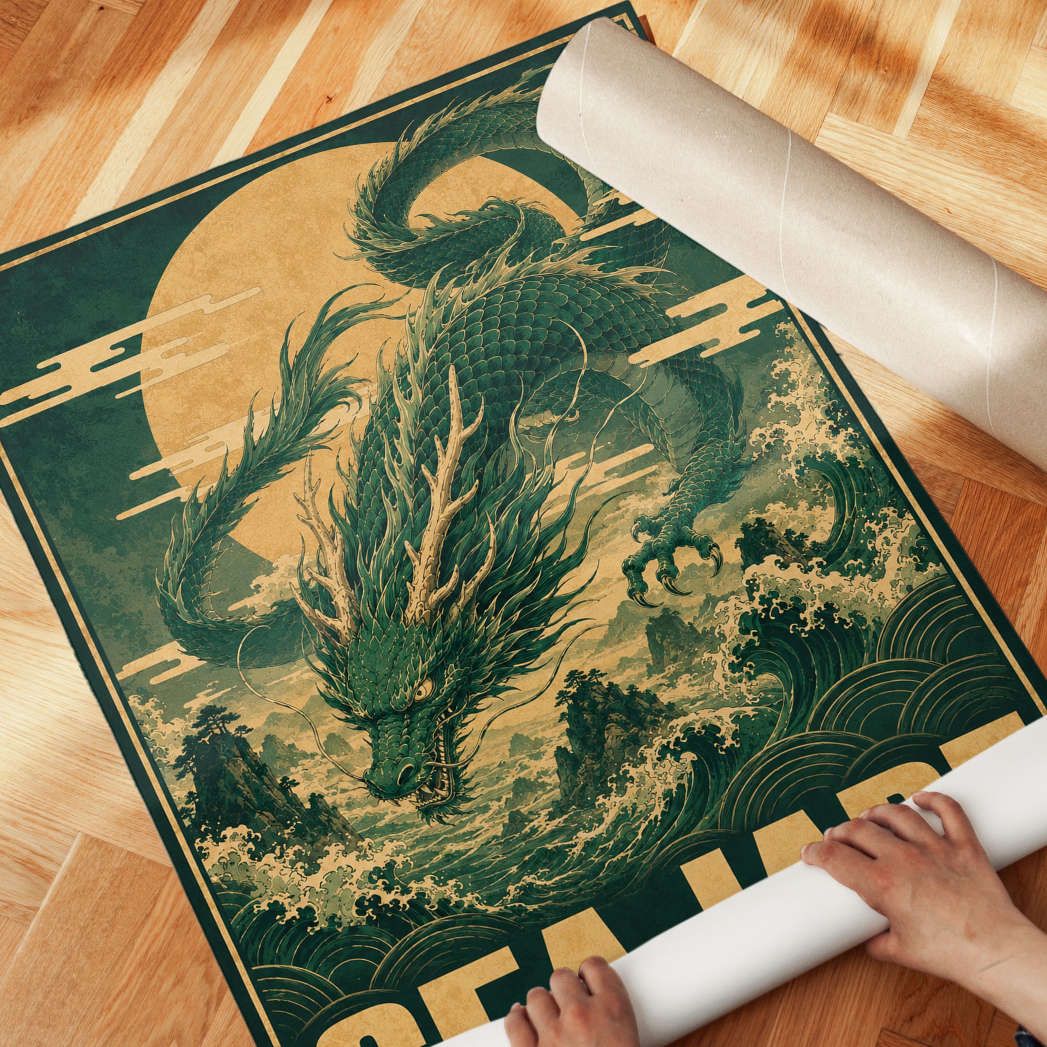 Sea Dragon Art Print: Japanese Style Green and Gold Design - detail