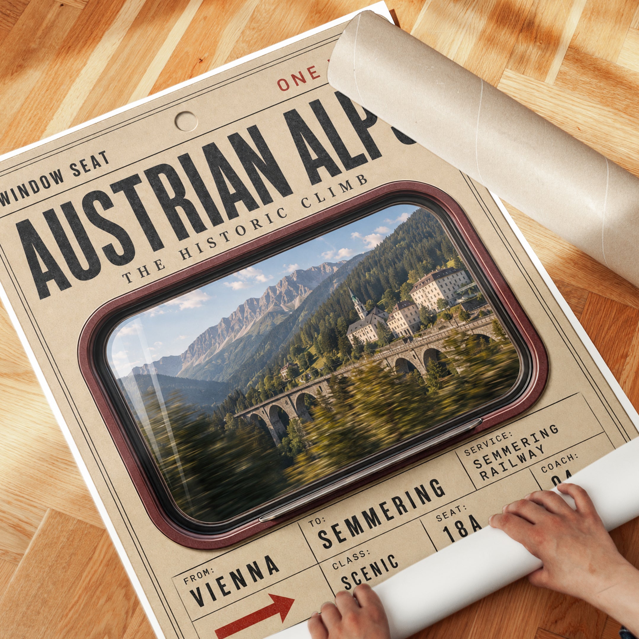 Vintage Train Ticket Poster – Austrian Alps Print - detail