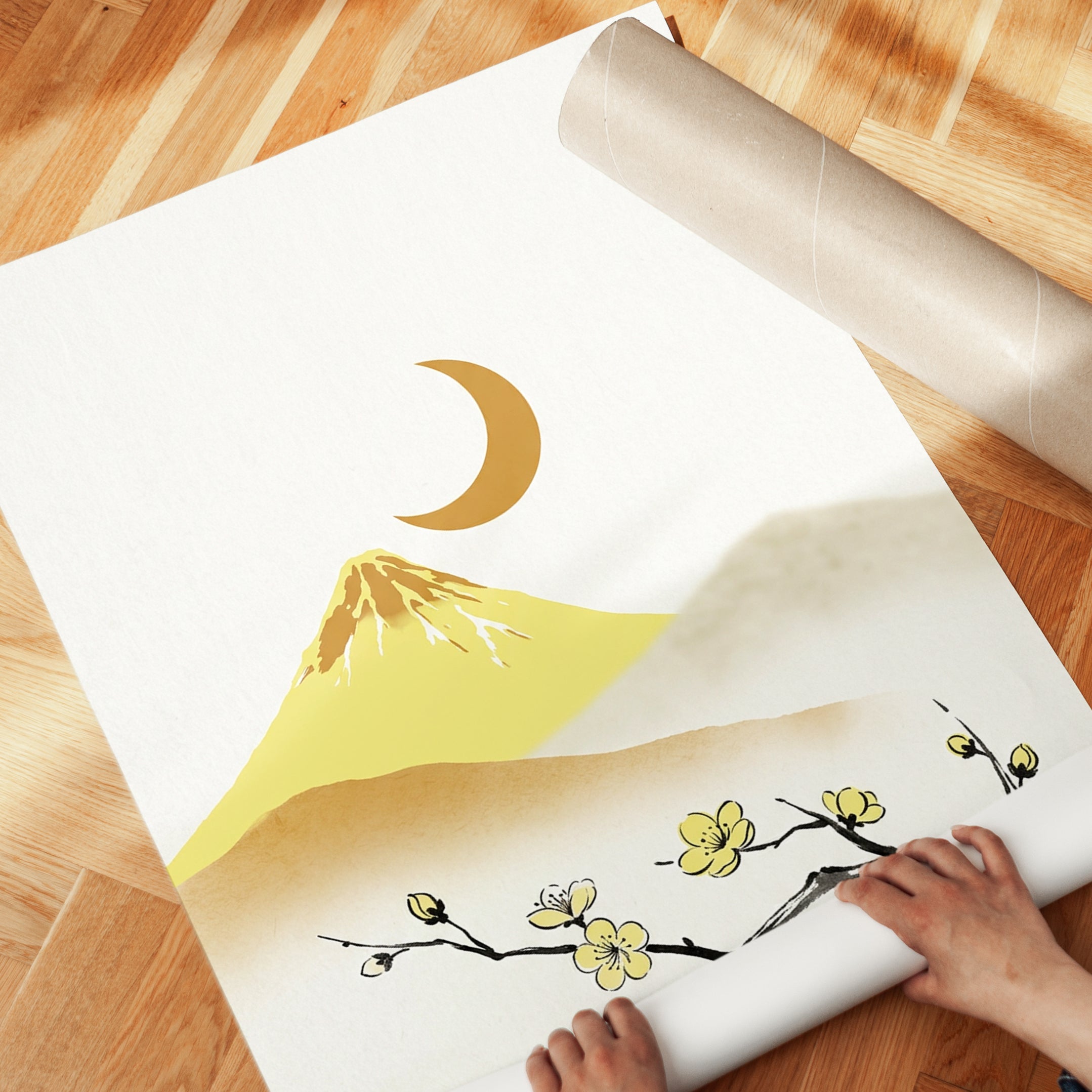 Japanese Mountain Moon Art Print: Minimalist Yellow Landscape - detail