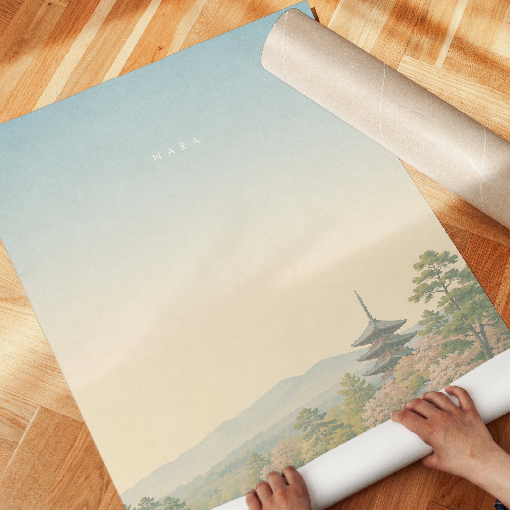 Nara Pagoda Art Print: Japanese Landscape with Cherry Blossoms - detail