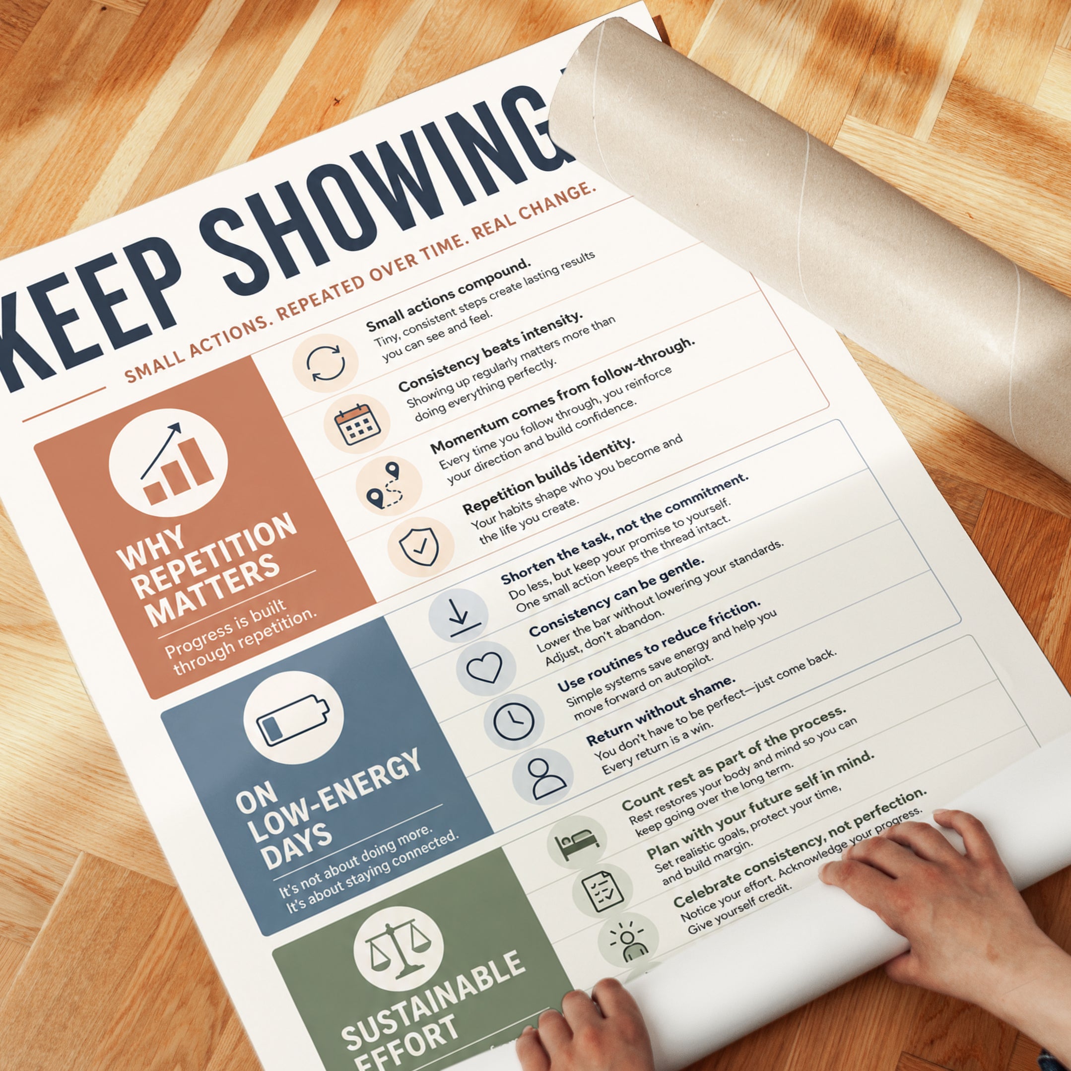 Motivational Poster: Keep Showing Up Habit Guide for Office & Bedroom - detail