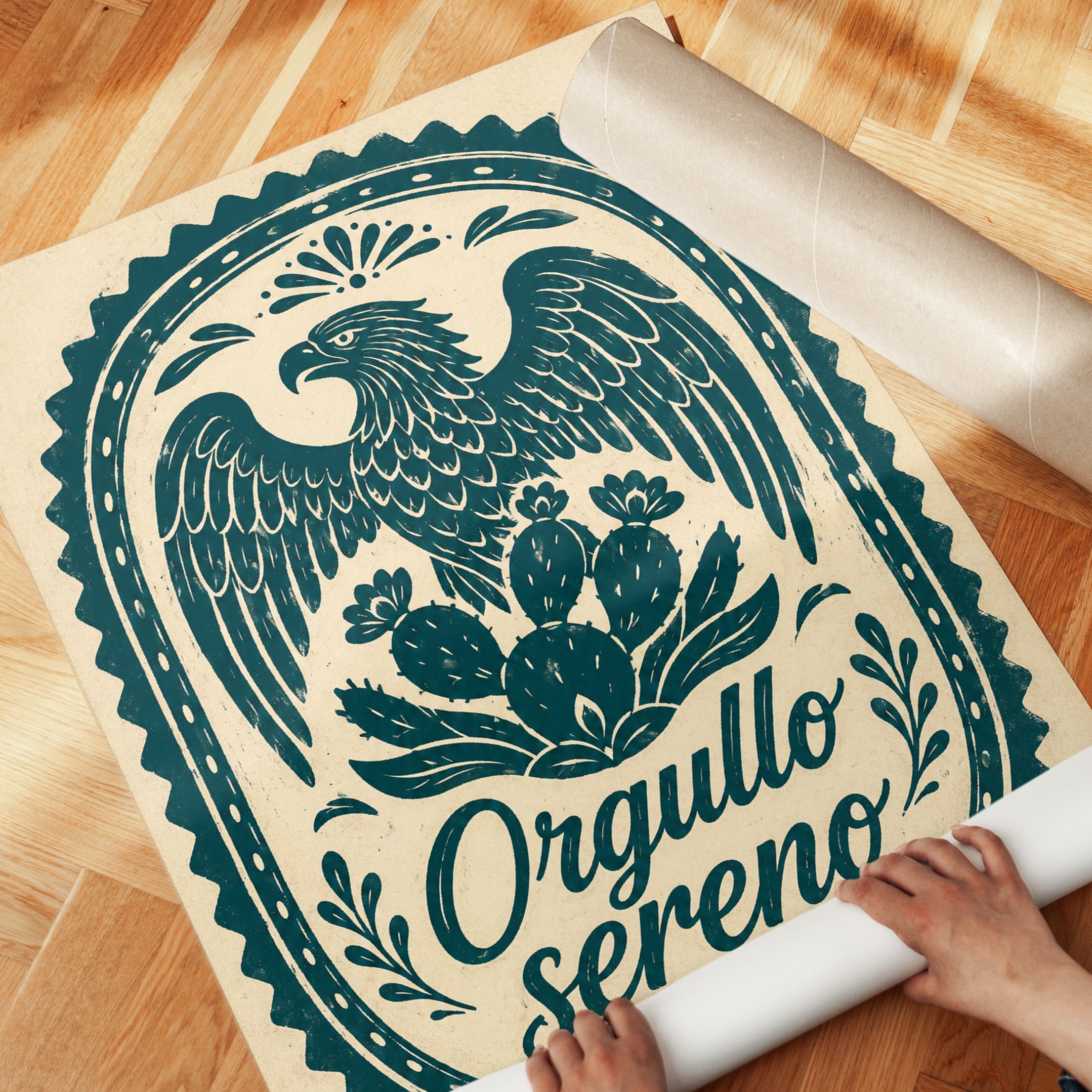 Mexican Eagle And Cactus Art Print: Teal Folk Art Design - detail