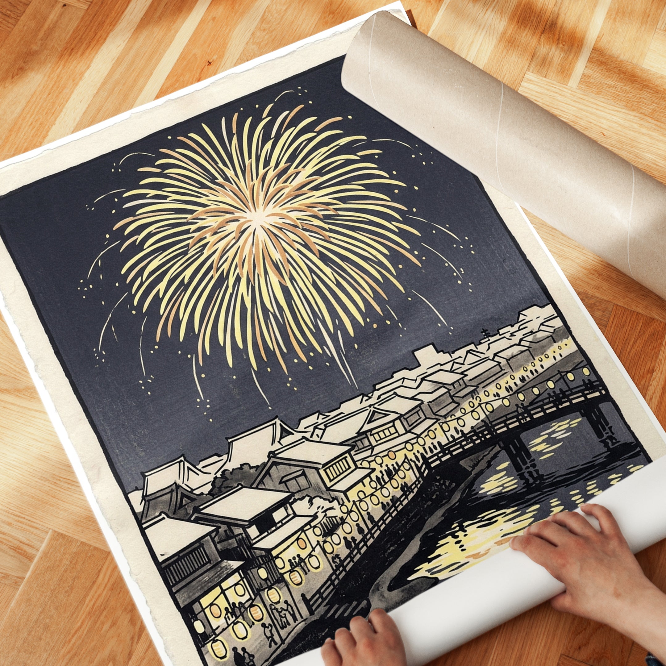 Japanese Fireworks Print: Woodblock Night Scene with Bridge - detail