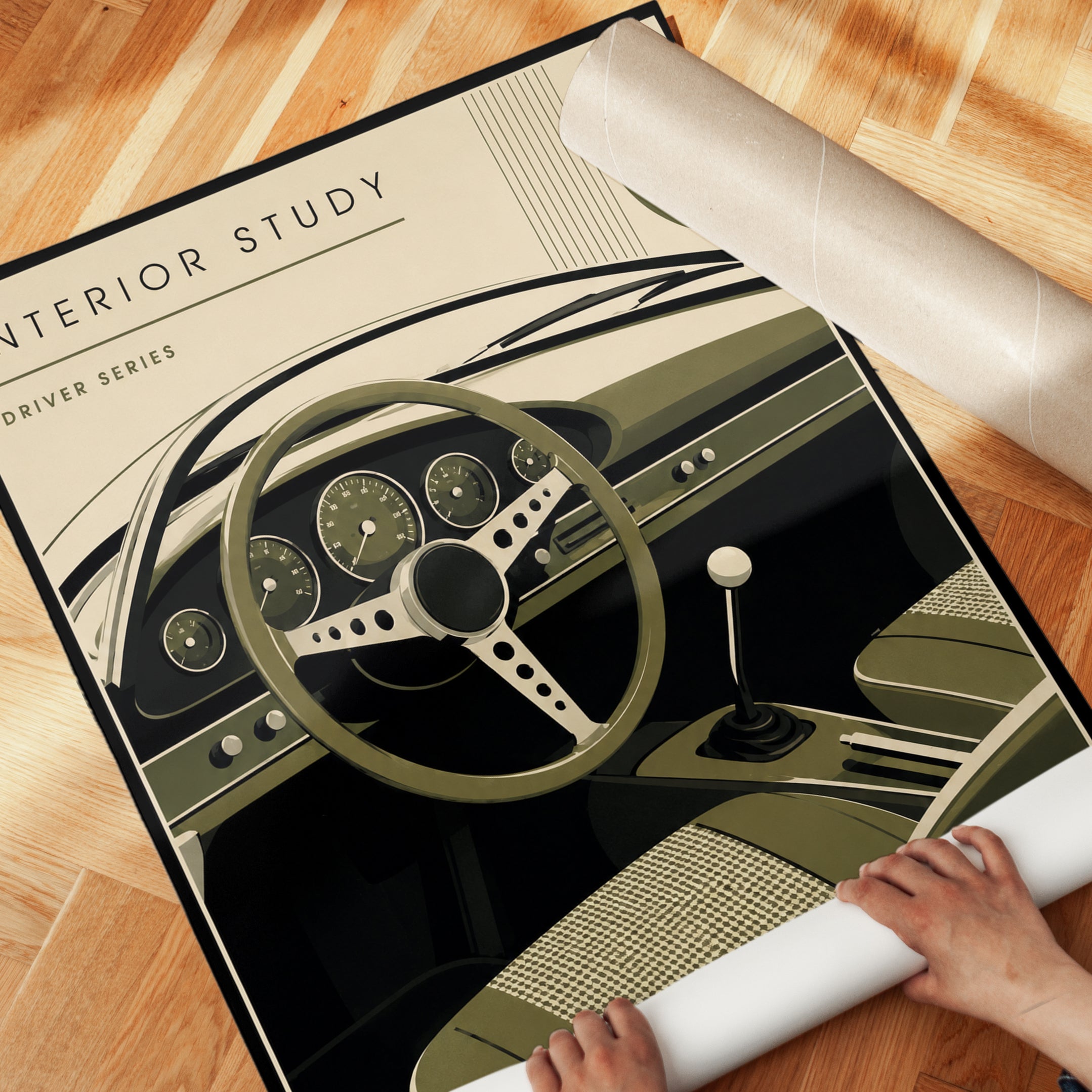 Car Interior Wall Art: Retro Dashboard and Steering Wheel - detail