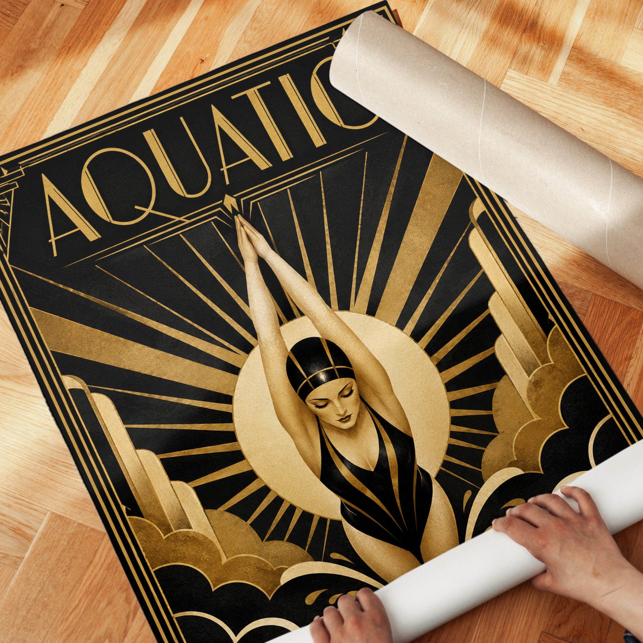 Aquatic Art Deco Swimmer Poster: Gold and Black Geometric Design - detail