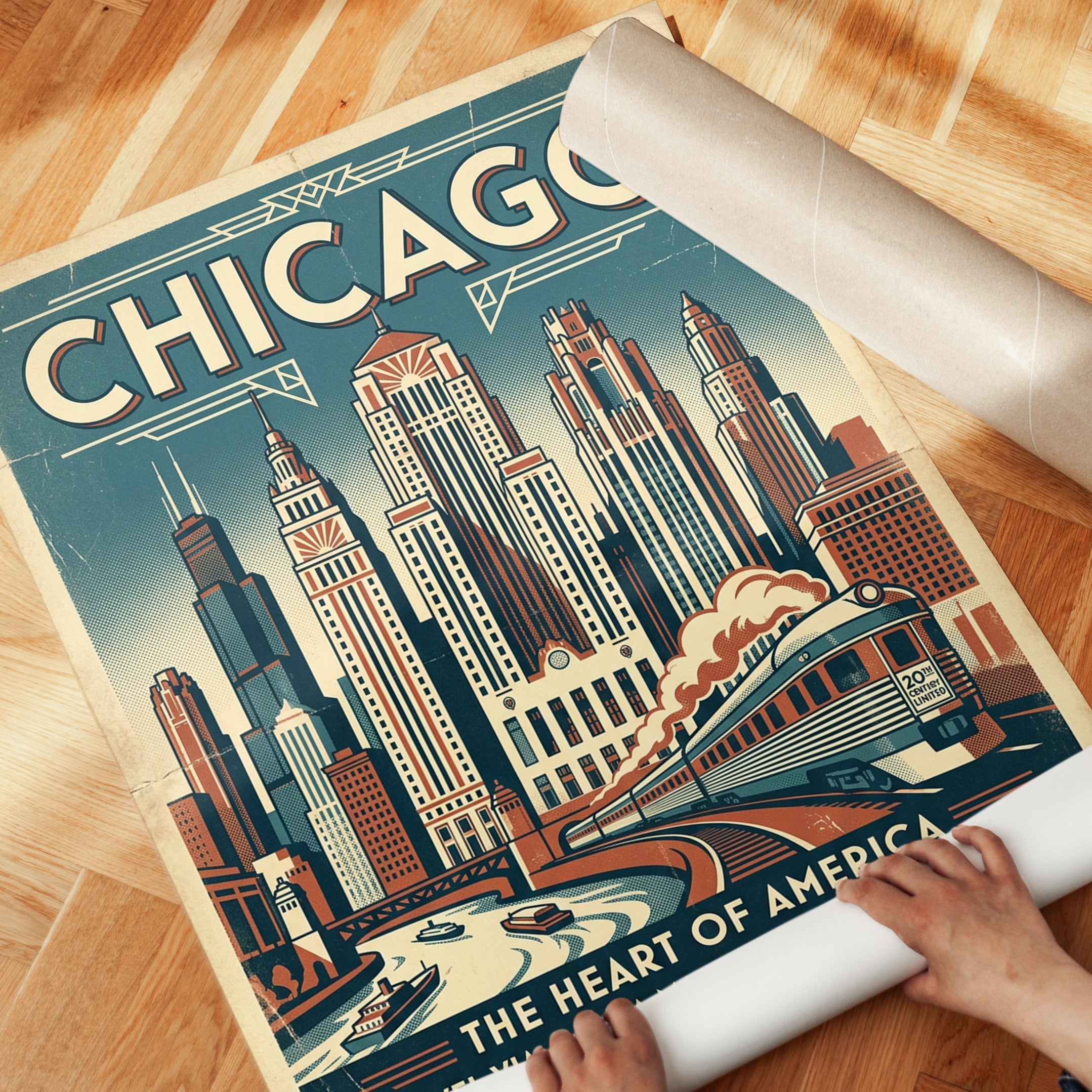 Chicago Art Deco Travel Poster — Vintage Railway Print - detail
