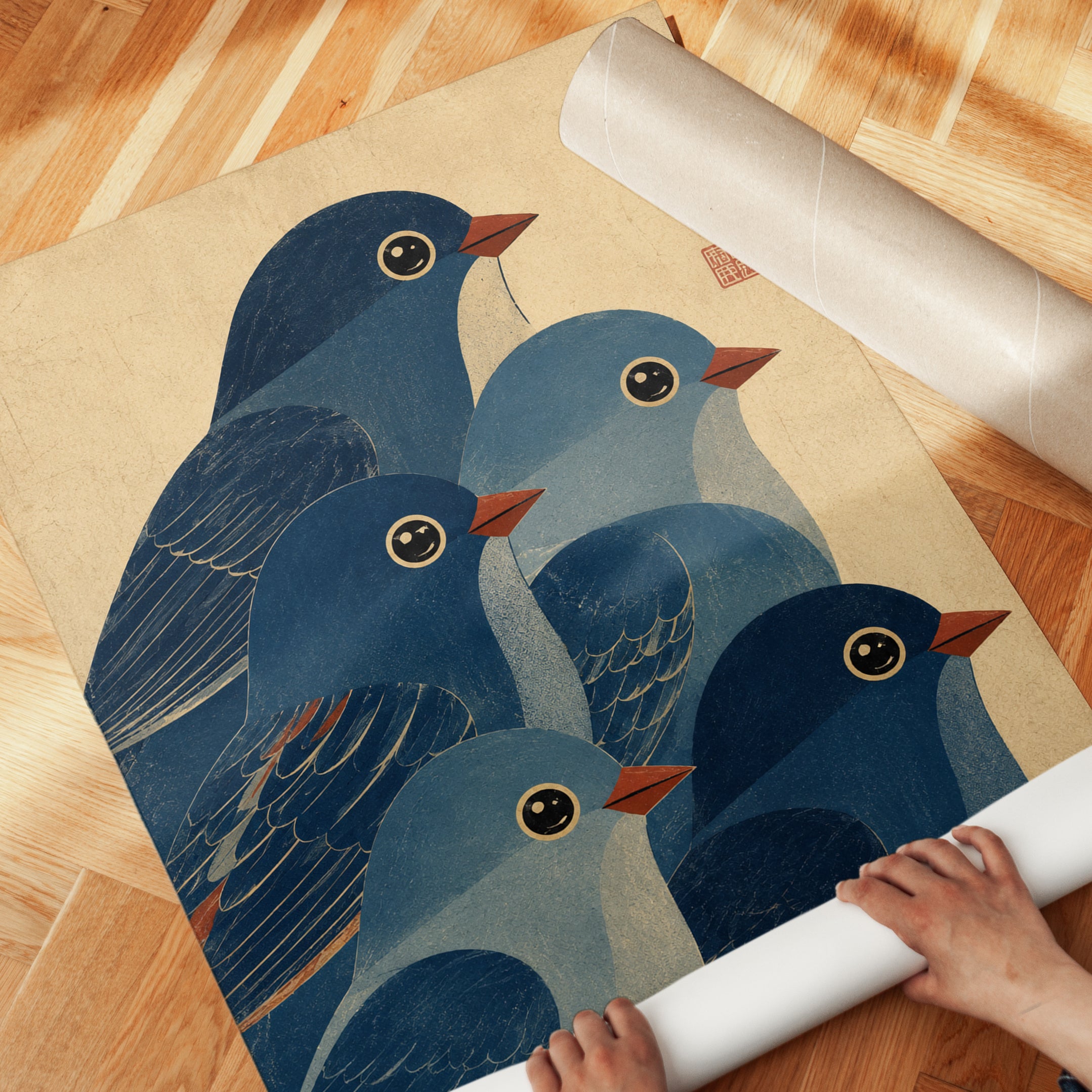 Japanese Blue Birds Print — Vintage Ukiyo-e Style Art - detail