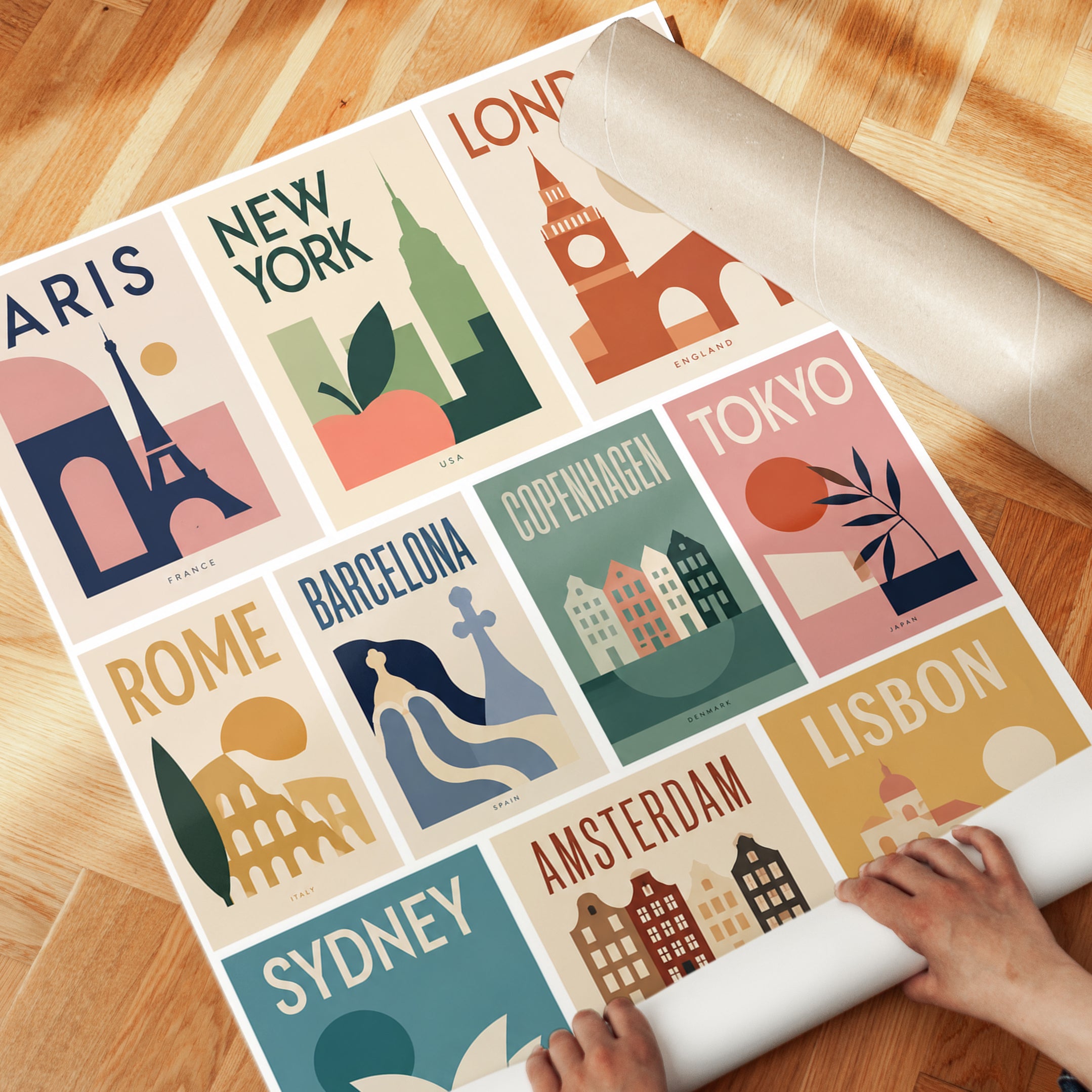 Travel Poster Set: Geometric City Landmarks - detail