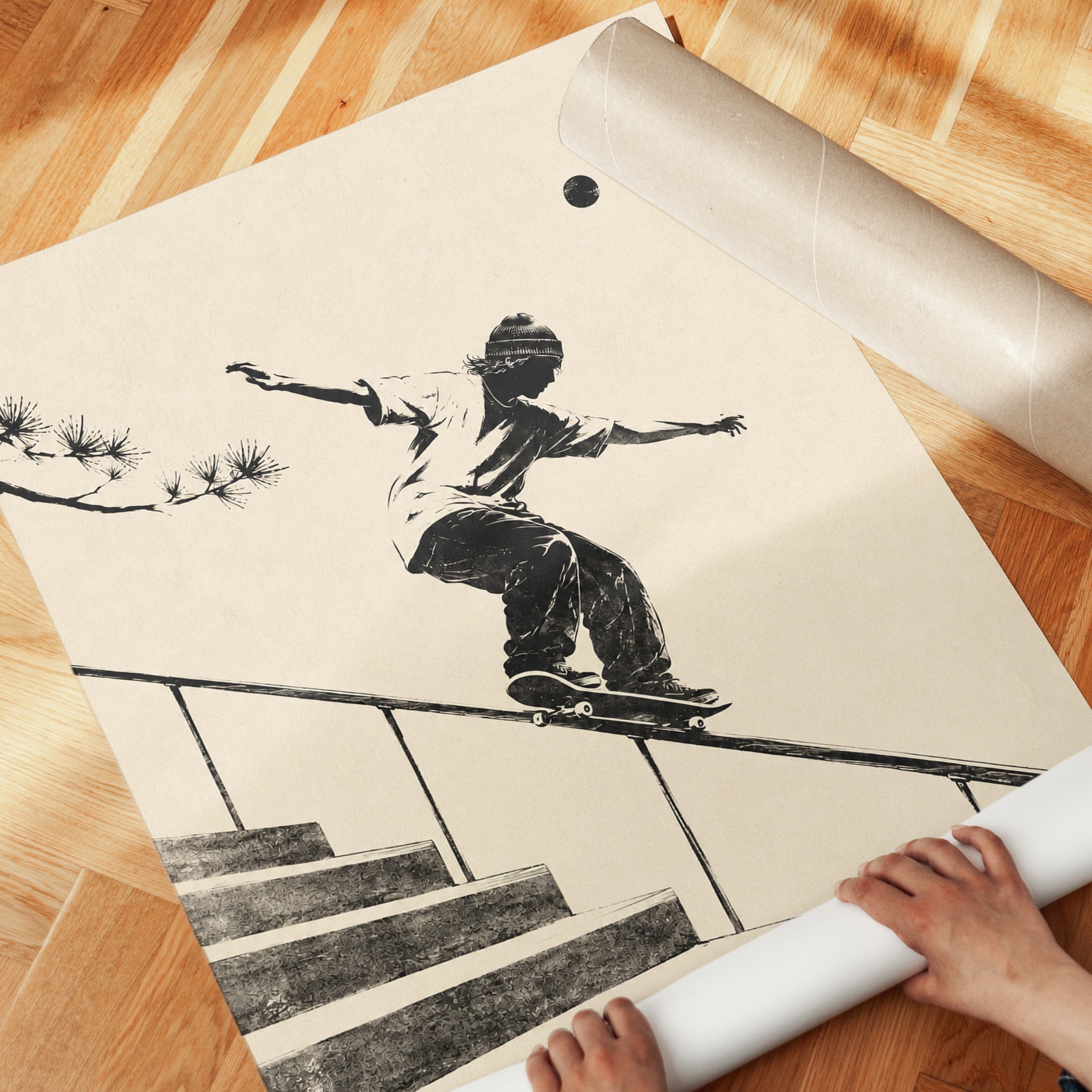 Skateboard Grind Art Print: Japanese Ink Style Urban Sports - detail