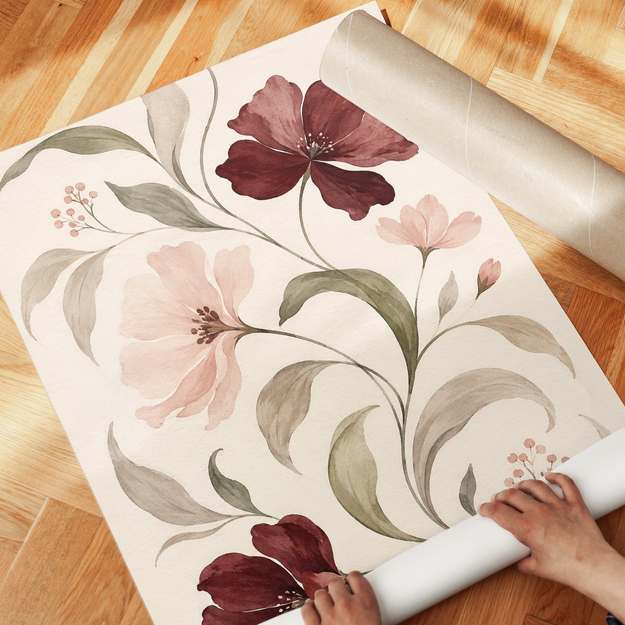 Burgundy and Blush Floral Art Print: Watercolor Botanical Design - detail