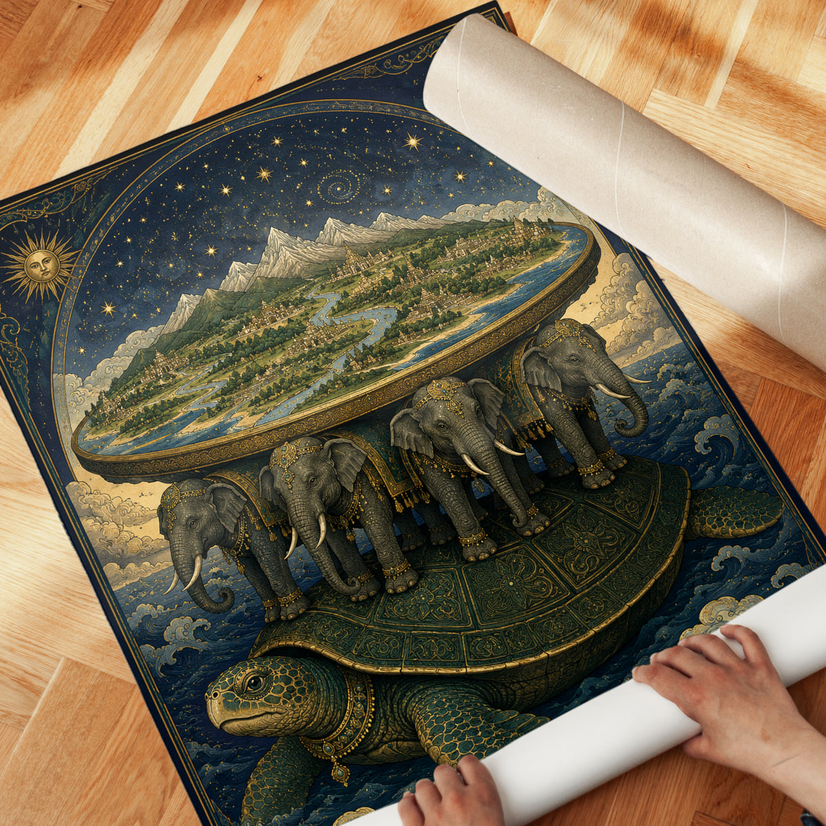 World Turtle Mythology Print: Flat Earth Design - detail