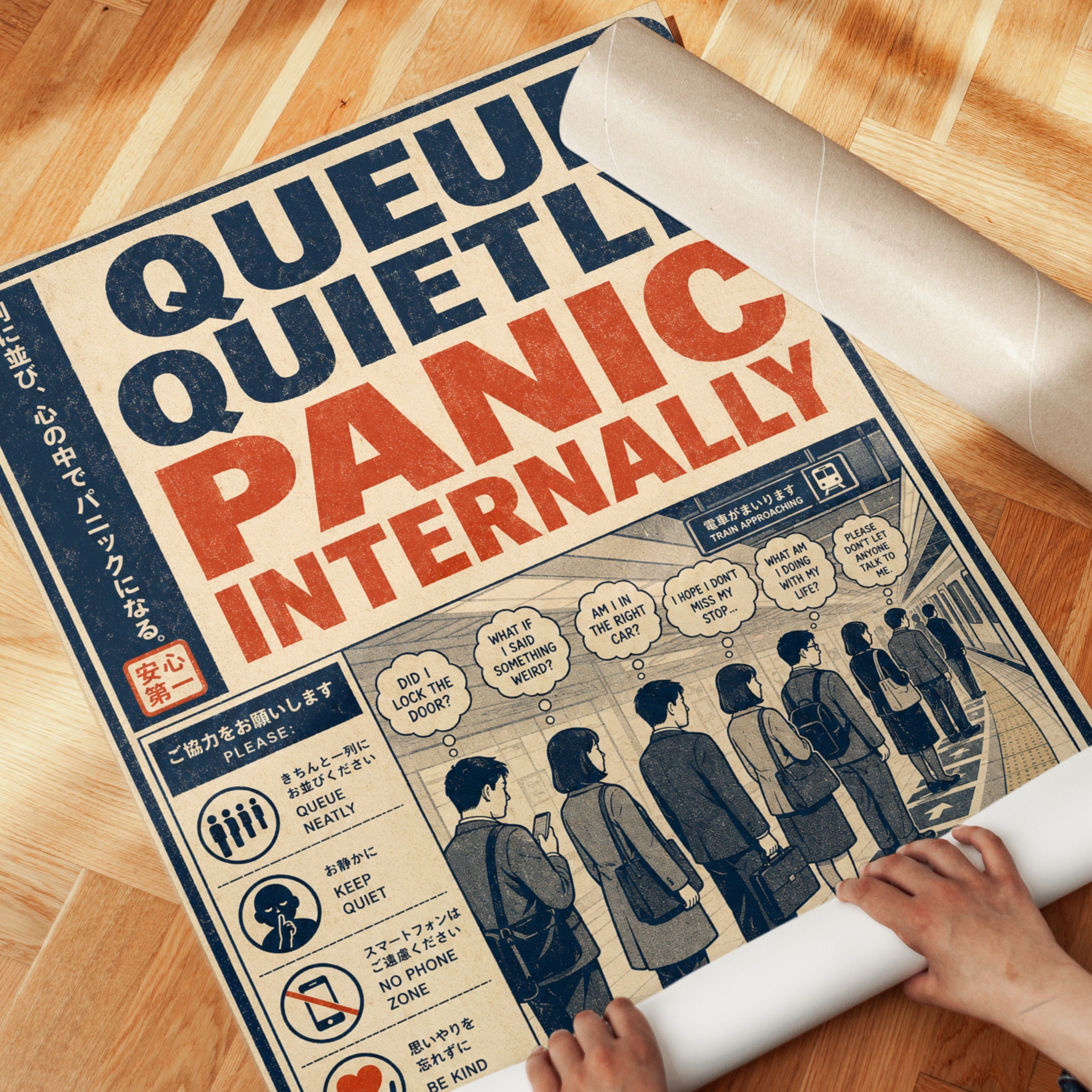 Queue Quietly Panic Internally: Retro Japanese Transit Poster - detail