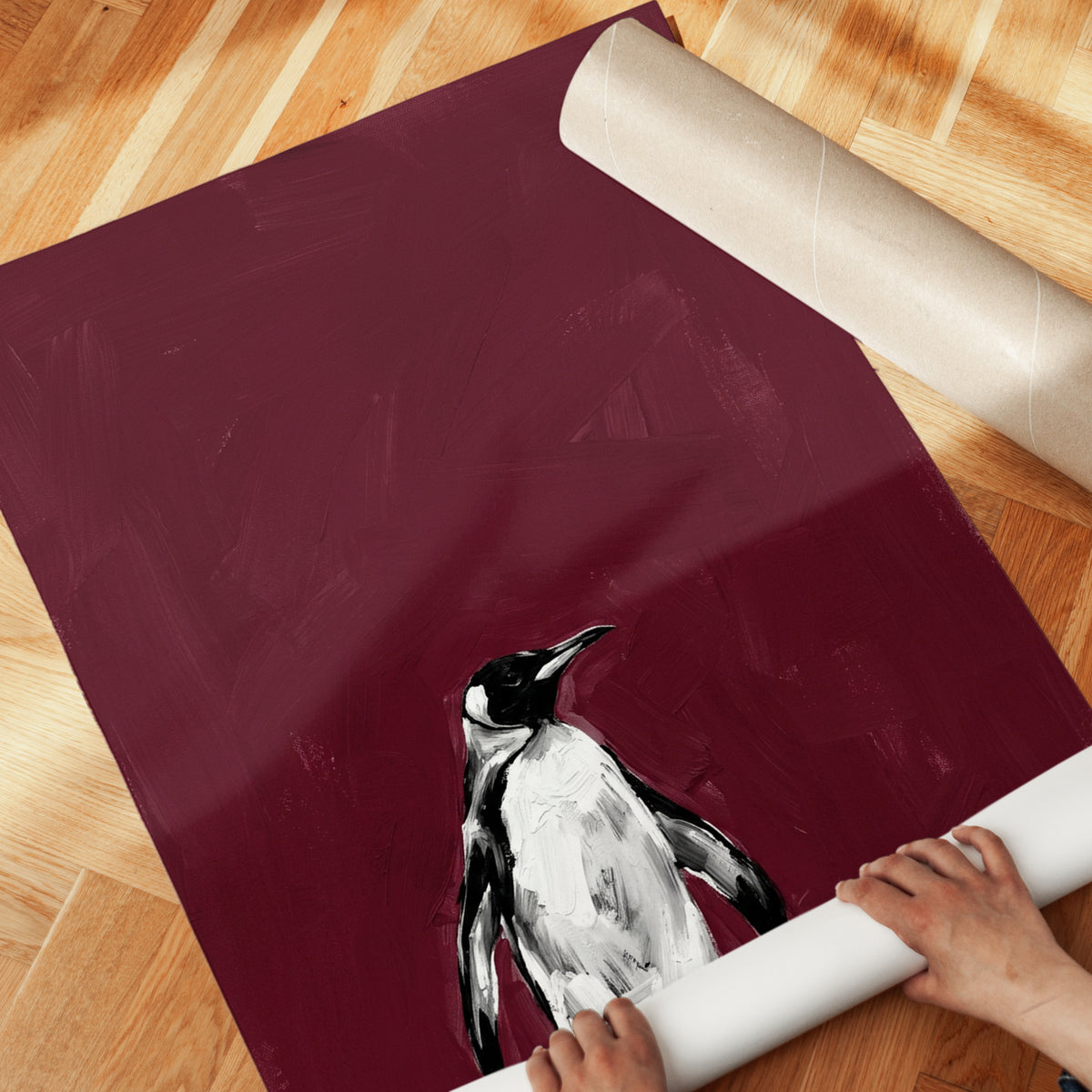 Penguin Portrait on Deep Red: Contemporary Wildlife Art Print - detail