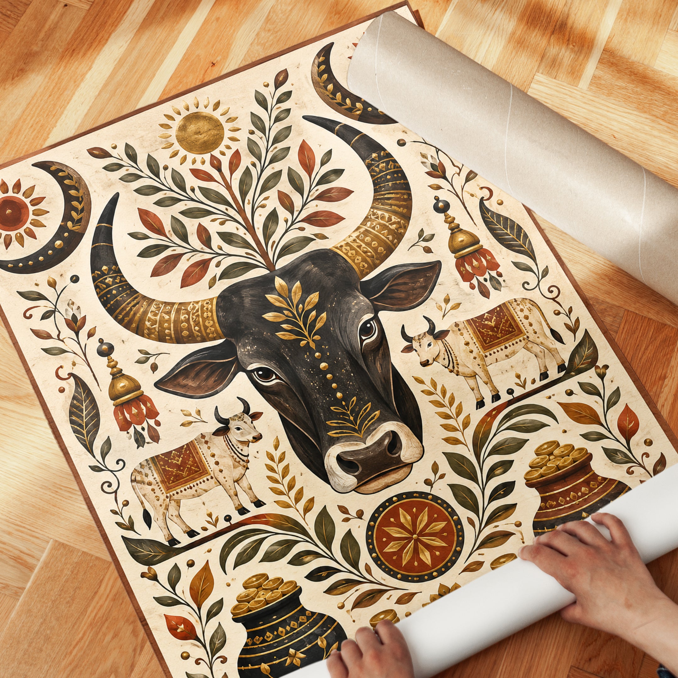 Folk Art Bull Print – Symmetrical Animal Wall Art - detail