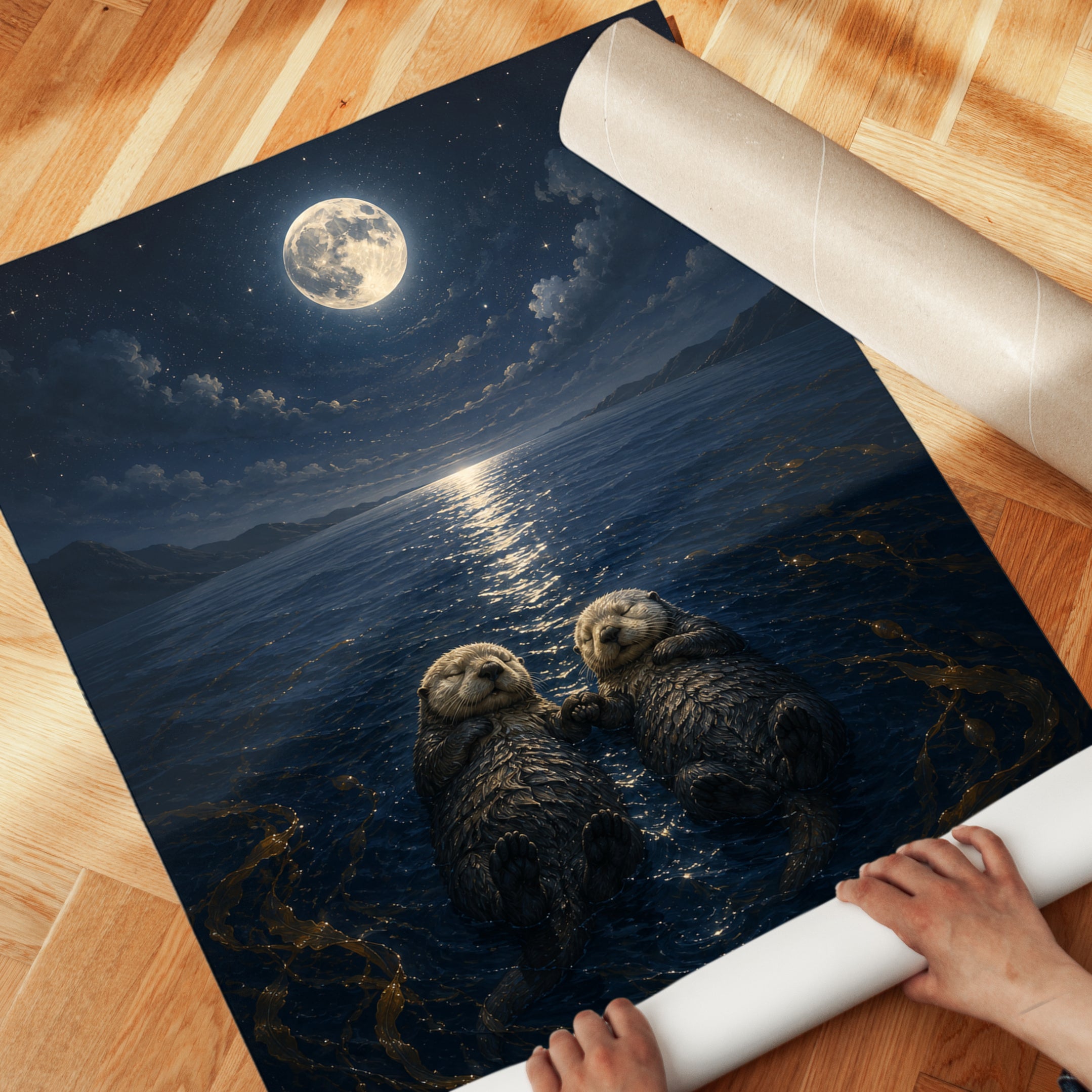 Sea Otters Full Moon Print – Romantic Night Ocean - detail