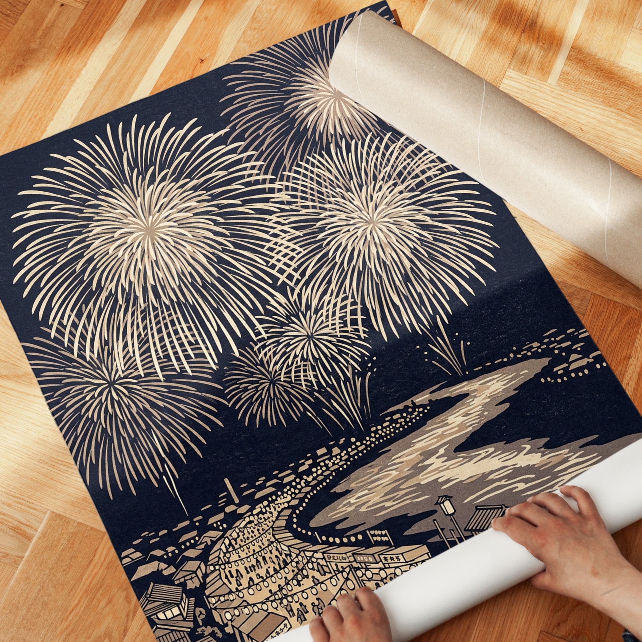 Japanese Fireworks Festival Print: Traditional Woodblock Art - detail