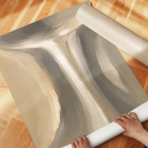 Abstract Flowing Curves Wall Art: Neutral Beige and Gray Brushstrokes - detail